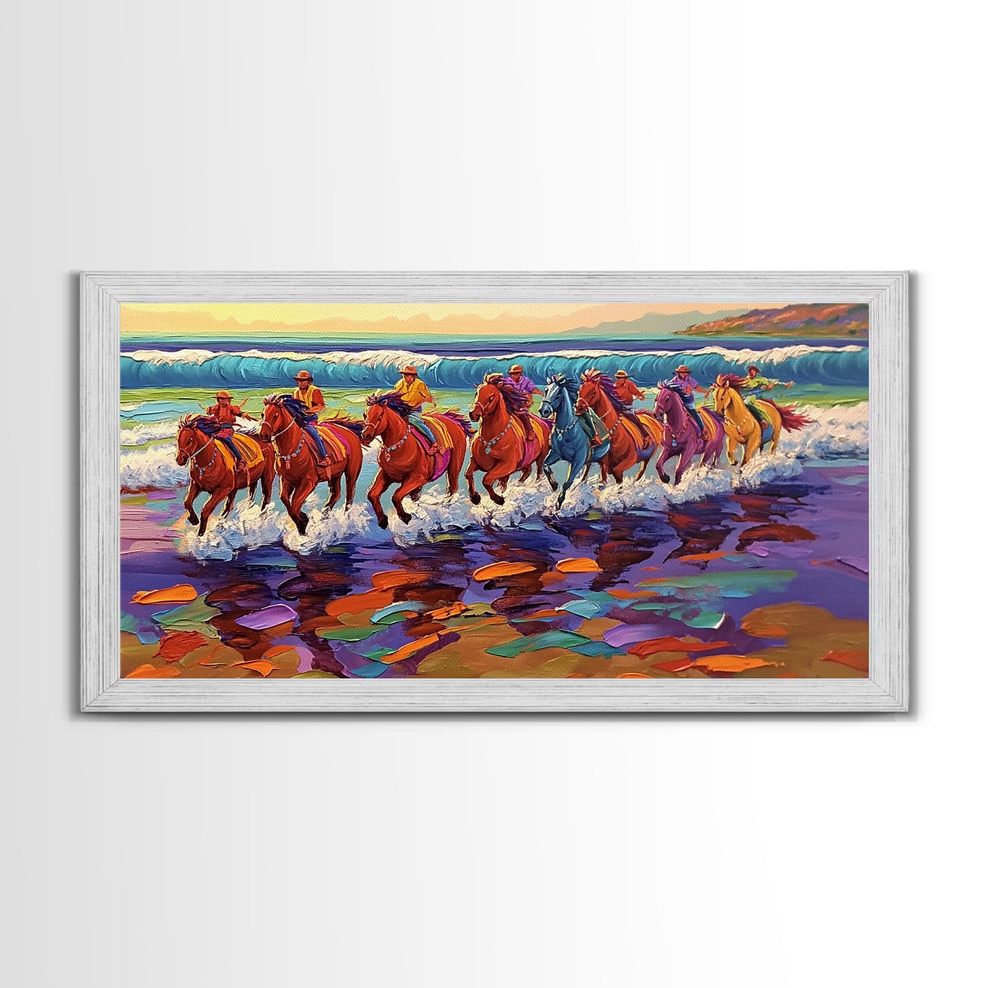 Galloping Horses, horse painting, vintage horse art, framed canvas print, coastal cowgirl wall art, whimsical art, rustic wall art