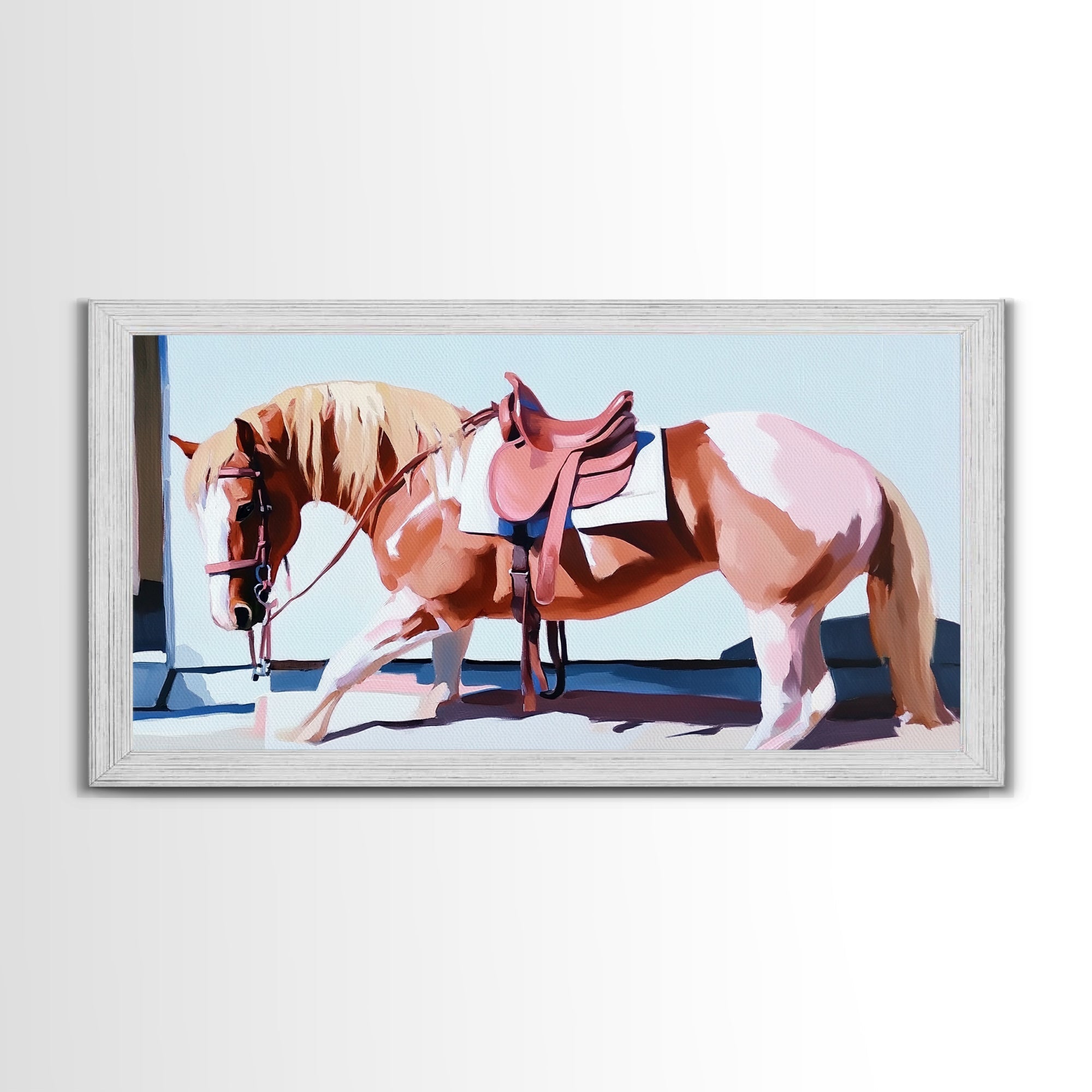 Saddled Horse Art, Vintage Horse Painting, Equestrian Wall Art, Rustic Western Decor, Framed Canvas Print, Gift Idea, Country Home Decor