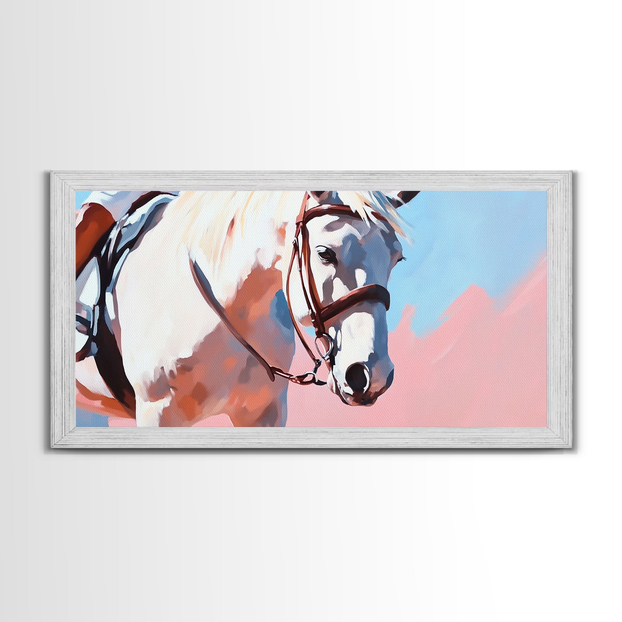 White Horse Art, Vintage Horse Painting, Pink and Blue Wall Art, Rustic Decor, Framed Canvas Print, Equestrian Gift, Farmhouse Art