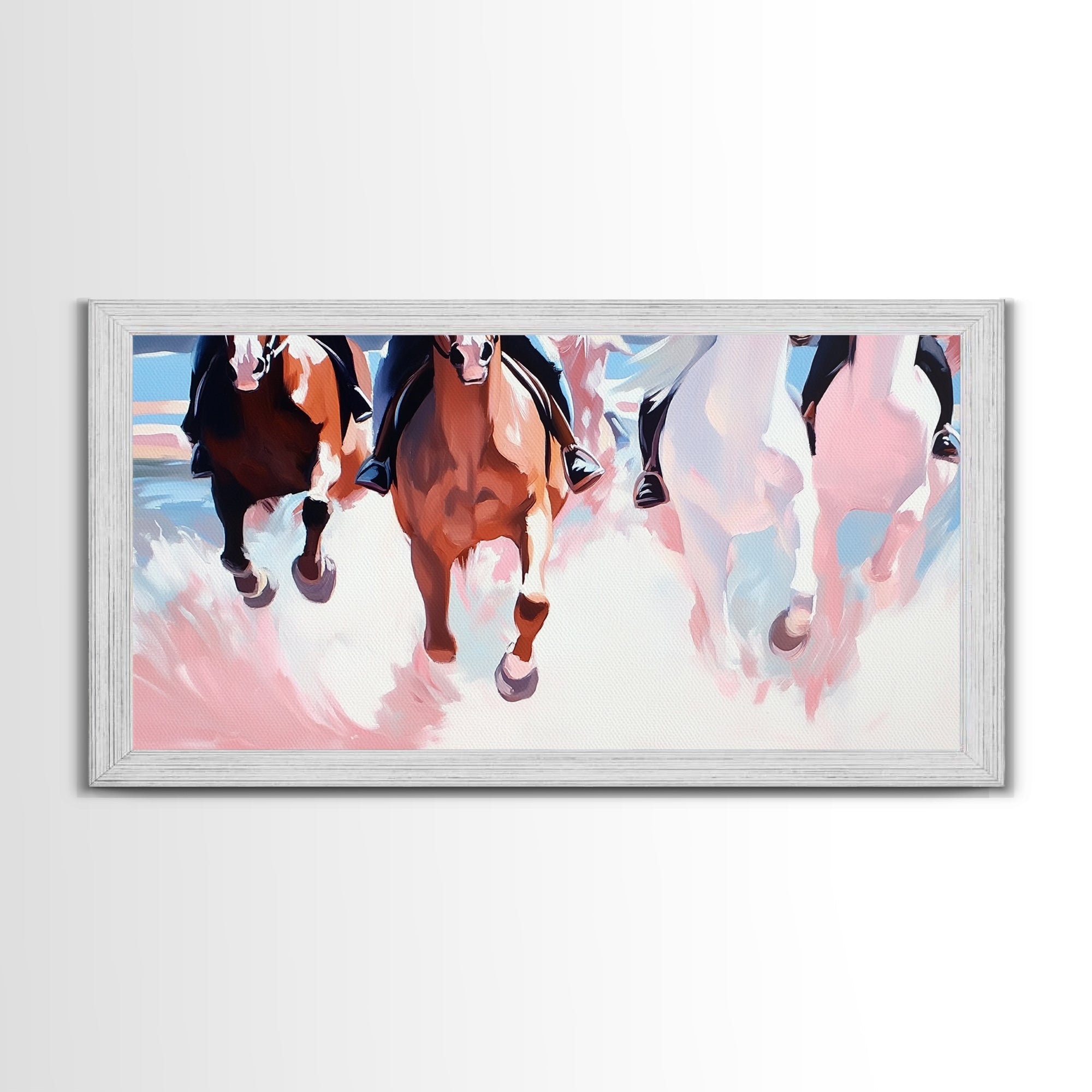 Wild Horses Running, horse wall art, rustic decor, extra wide art, panoramic painting, vintage horse art, framed canvas print