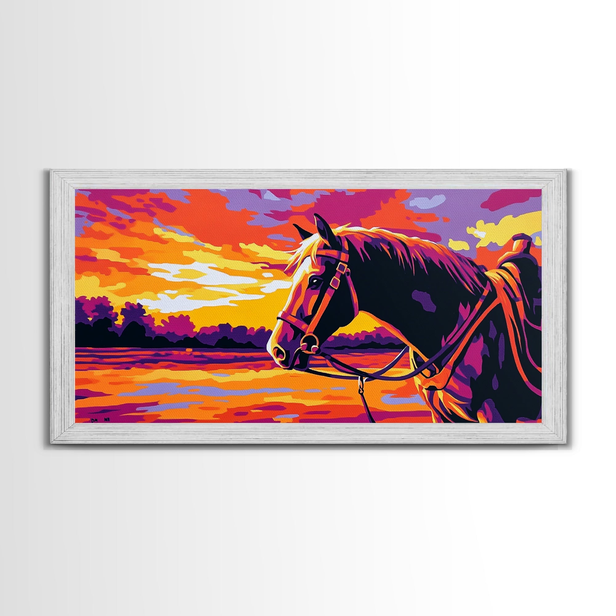 Horse Landscape, vintage horse art, sunset painting, rustic decor, western theme, panoramic painting, canvas print