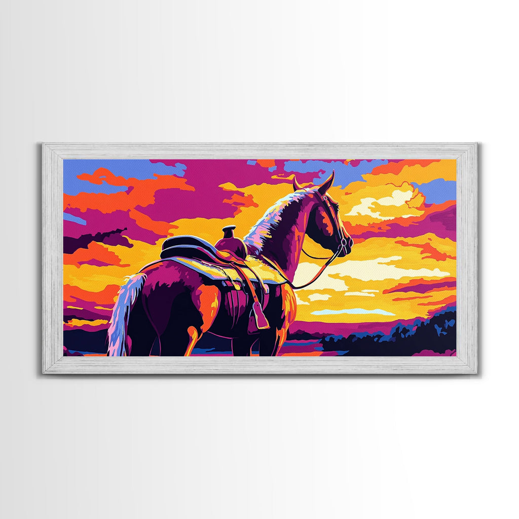 Saddled horse, sunset view, western ranch, cowboy aesthetic, rustic decor, farmhouse painting, moody art, canvas print