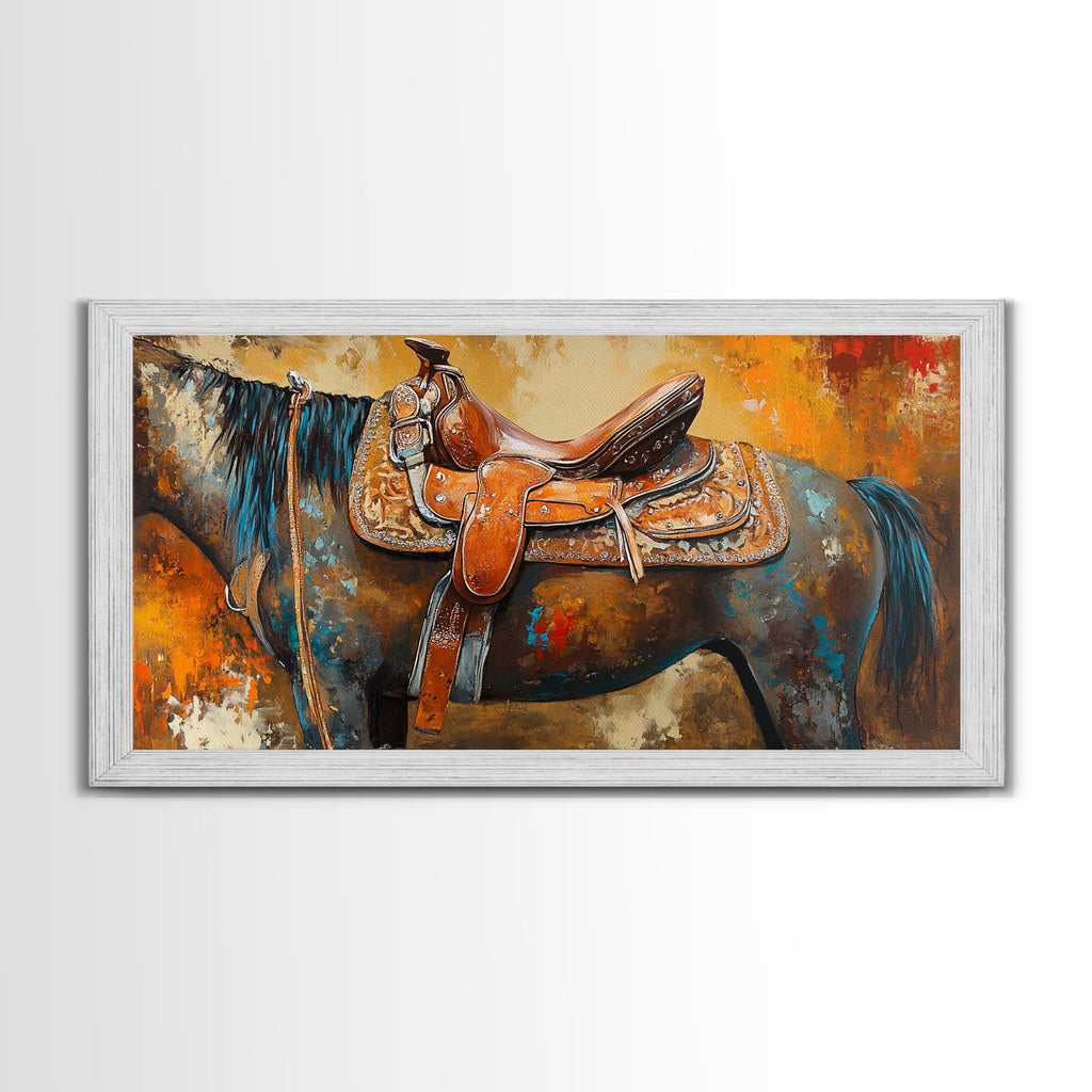 Western Saddle Art, Canvas Print, Rustic Decor, Moody Art, Southwest Wall Art, Extra Wide Art, Above Bed Wall Art, Farmhouse Wall Art