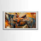 Western Saddle Art, Canvas Print, Rustic Decor, Moody Art, Southwest Wall Art, Extra Wide Art, Above Bed Wall Art, Farmhouse Wall Art