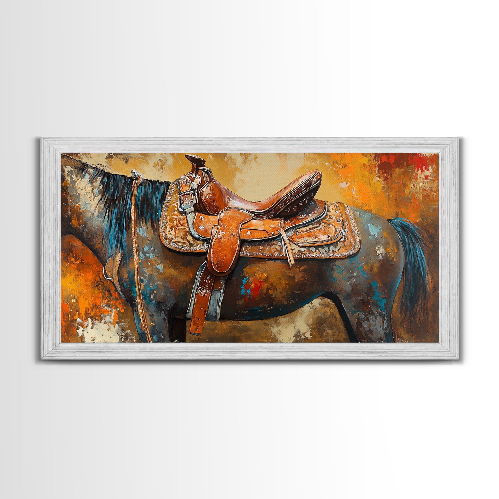 Western Saddle Art, Canvas Print, Rustic Decor, Moody Art, Southwest Wall Art, Extra Wide Art, Above Bed Wall Art, Farmhouse Wall Art