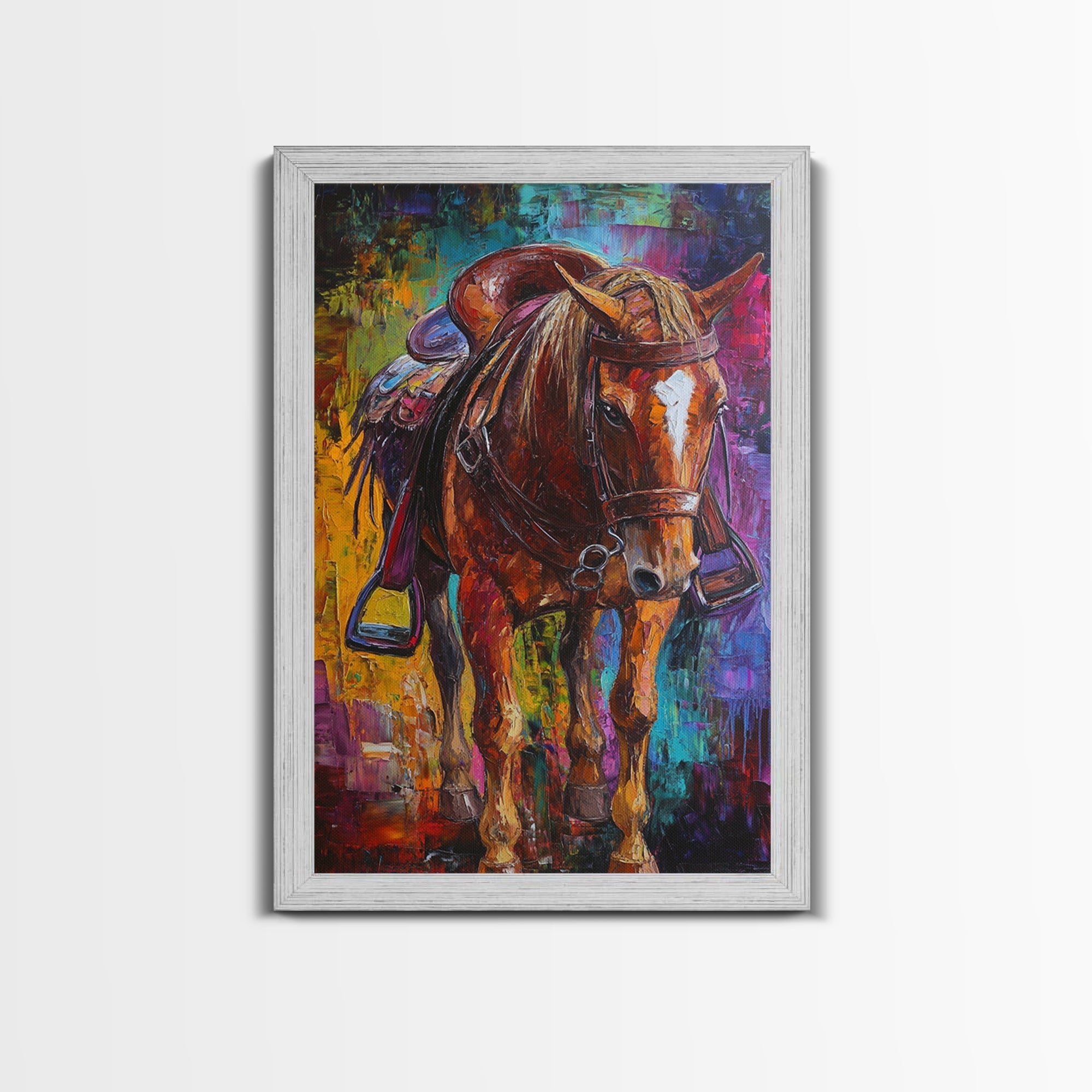 Bold Horse, vibrant painting, horse wall art, colorful western decor, rustic art, above couch art, boho art, Framed Canvas Print