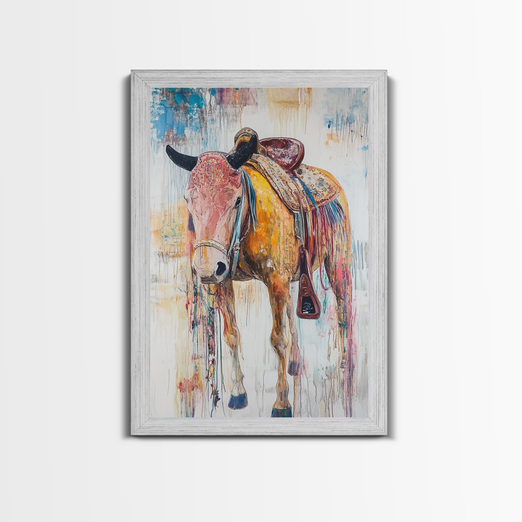 Painted saddle horse, vintage horse art, cowboy decor, rustic wall art, framed canvas print, boho art, above bed wall art, western art