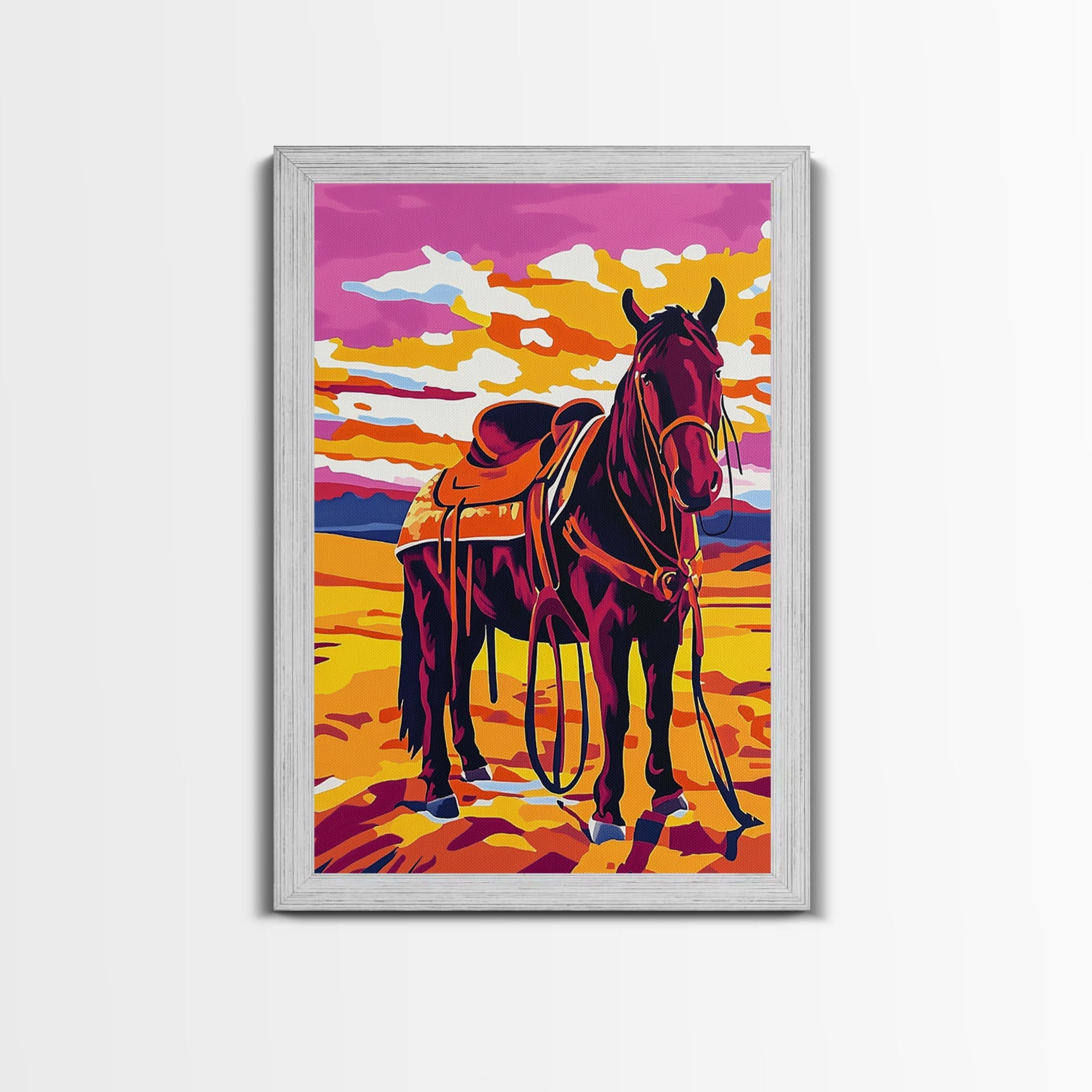 Western horse painting, pink orange wall art, vintage horse art, rustic decor, framed canvas print, southwest wall art, cowboy decor