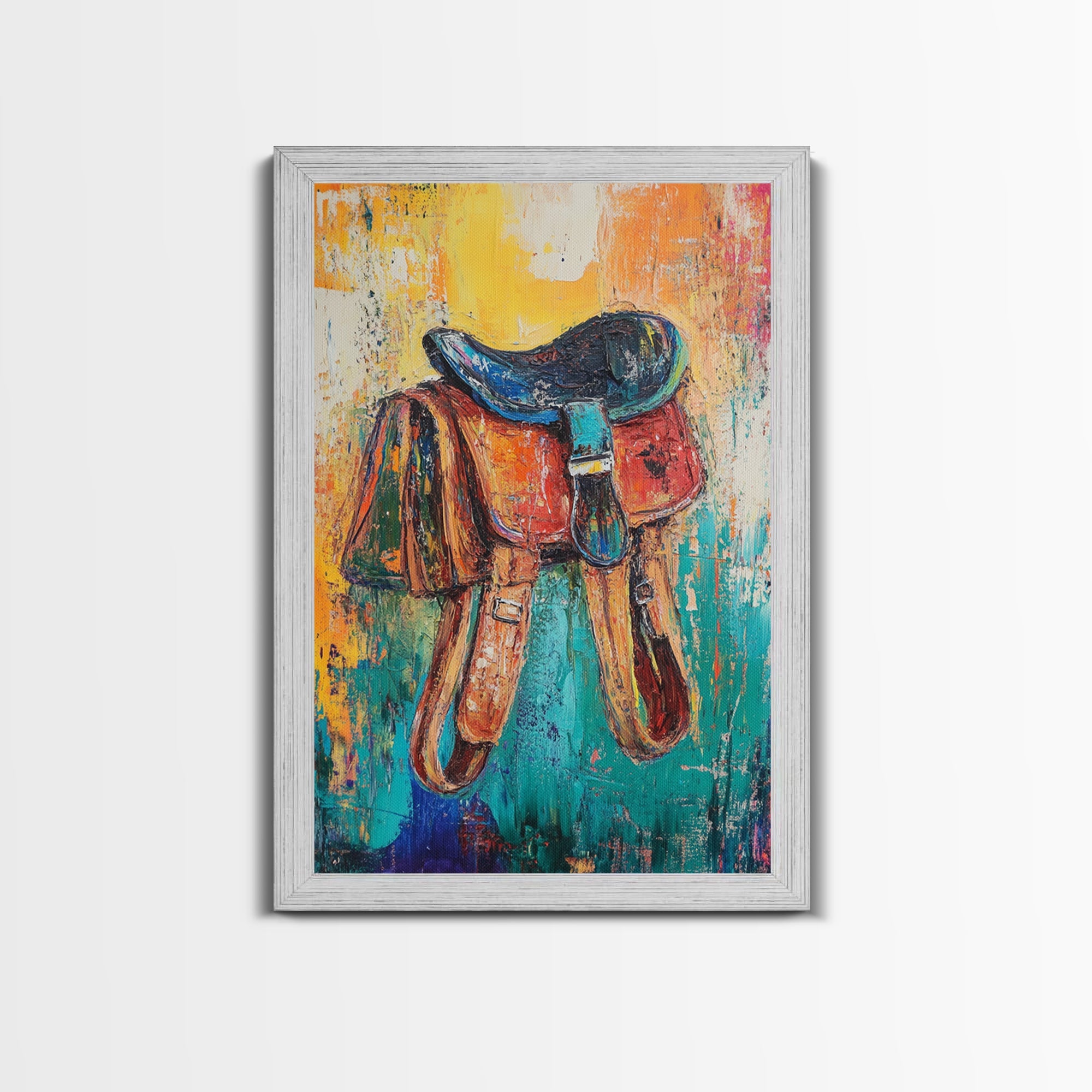 Textured saddle, cowboy decor, rustic wall art, vintage horse art, framed canvas print, western wall art, boho art, farmhouse art