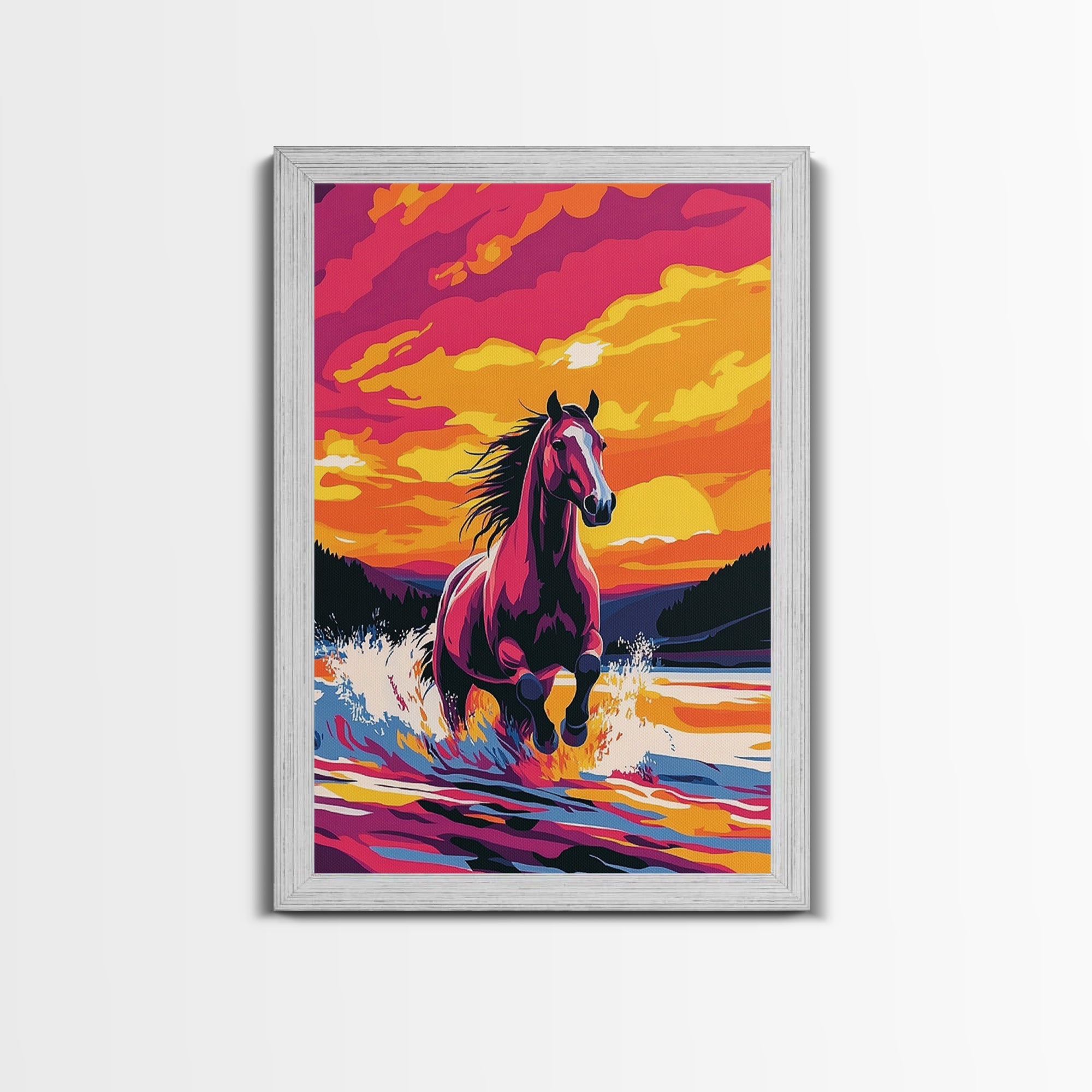 Horse Running, pink orange wall art, vintage horse art, sunset painting, horse wall art, rustic decor, gift idea for her, Canvas Print