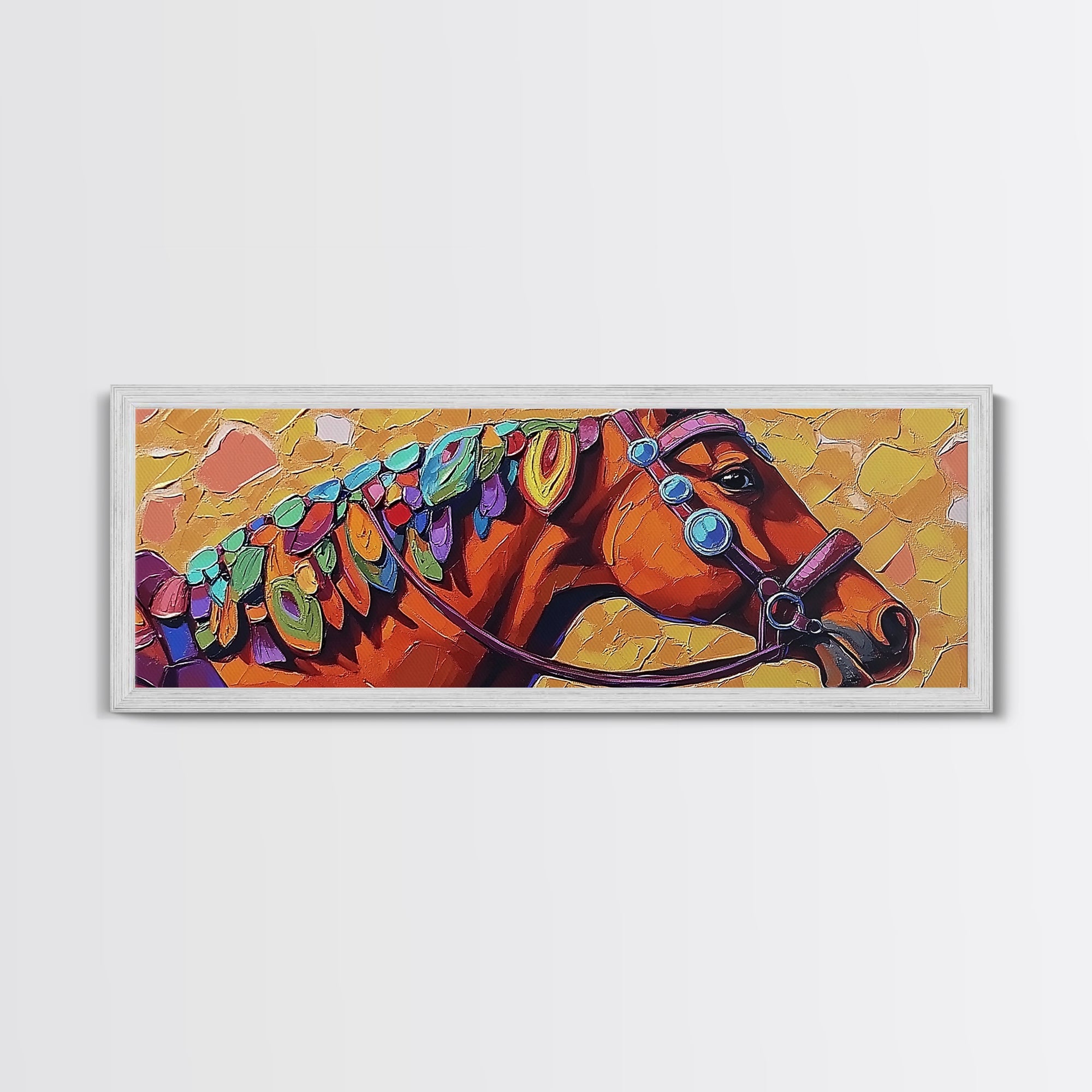 Colorful horse, abstract, horse wall art, rustic art, vintage horse art, panoramic painting, framed canvas print, extra wide art