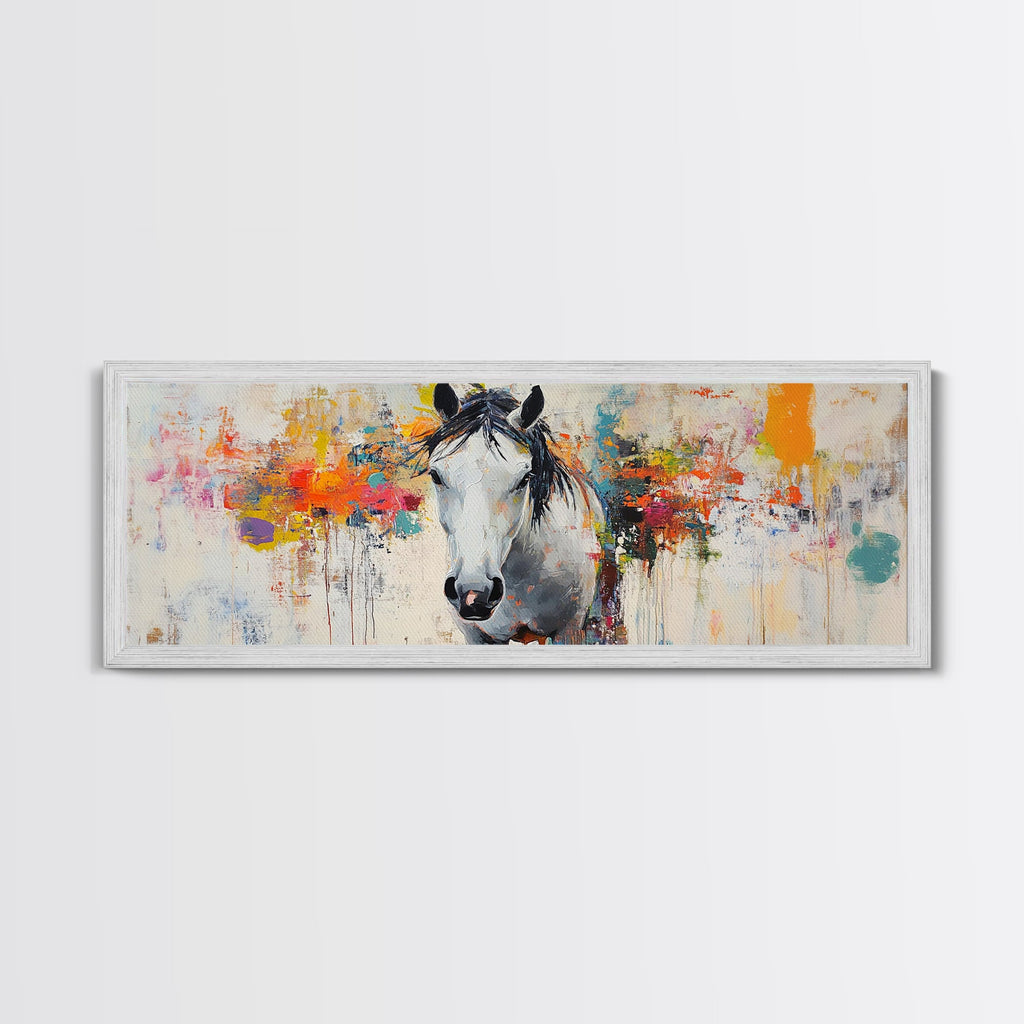 White horse, abstract, moody art, rustic decor, impressionist horse, framed canvas print, extra wide art, modern farmhouse art