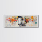 White horse, abstract, moody art, rustic decor, impressionist horse, framed canvas print, extra wide art, modern farmhouse art