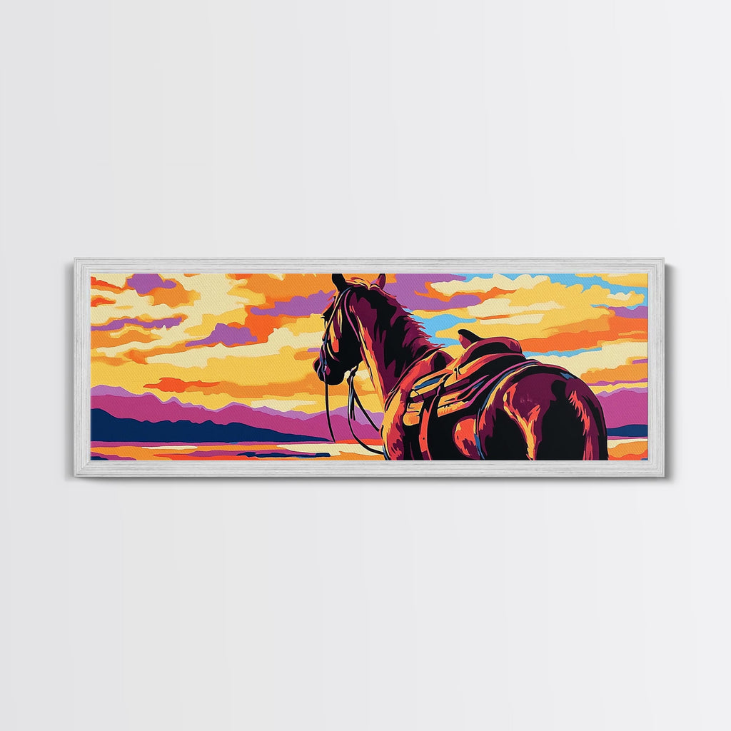 Sunset Horse Painting, southwest wall art, mountain painting, rustic western decor, cowboy wall art, framed canvas print, extra wide art