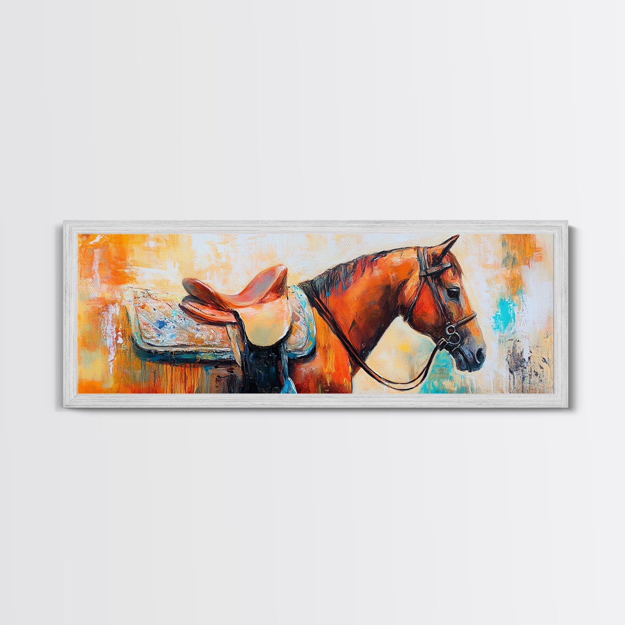 Saddled Horse, vintage horse art, rustic decor, cowboy painting, moody art, farmhouse art, western wall art, framed canvas print
