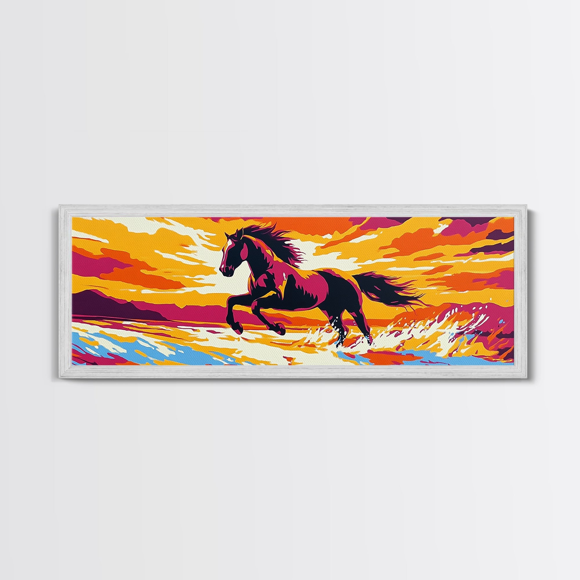 Sunset Horse Painting, Canvas Print, Vintage Horse Art, Pink Orange Wall Art, Southwest Wall Art, Rustic Decor, Panoramic Art, Farmhouse Art, Living Room Art
