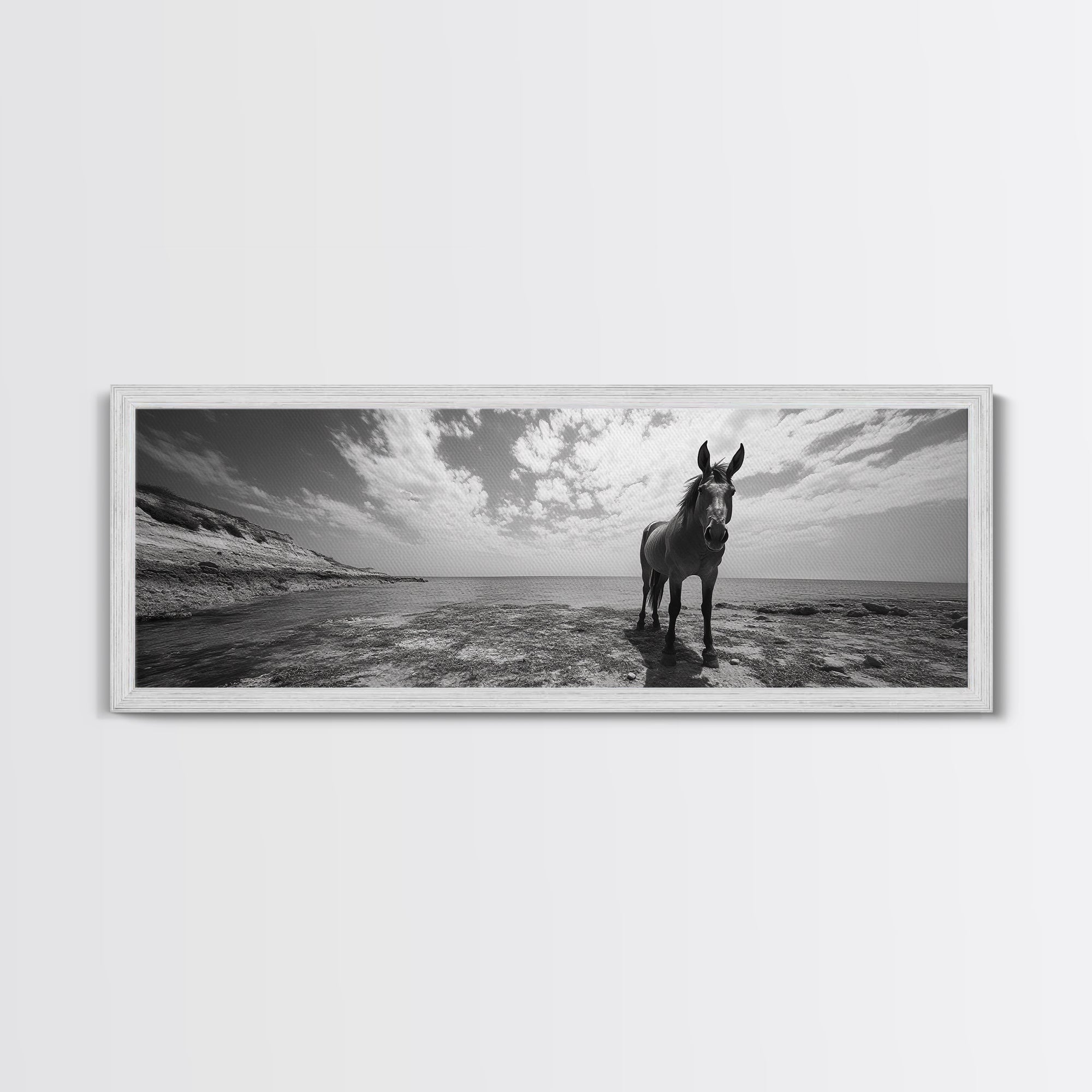 Lone horse, coastal cowgirl, panoramic art, extra wide art, vintage horse art, framed canvas print, rustic decor, seascape painting, moody art