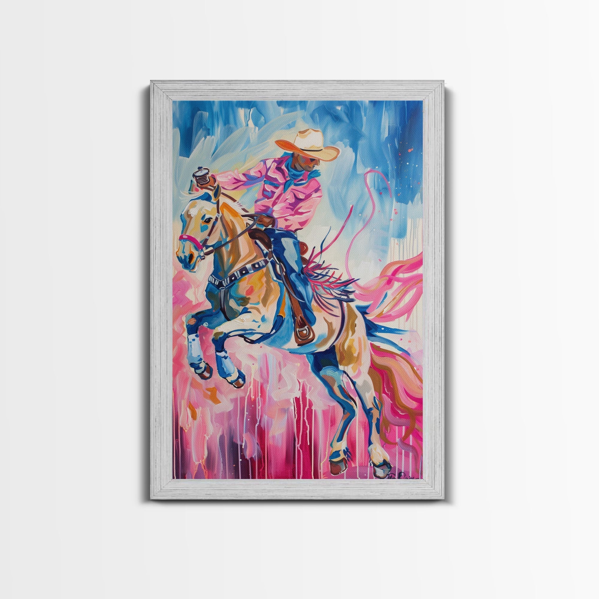 Dynamic Cowboy and Horse Painting - Colorful Western Art, Framed Canvas Print, Living Room Decor, Cowboy Riding Wall Art