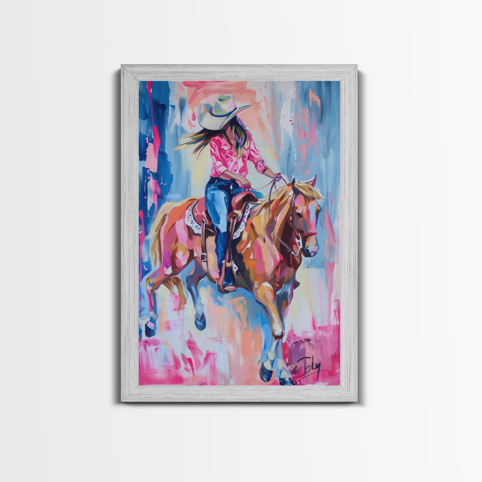 Stylish Cowgirl Riding Horse - Colorful Western Art, Framed Canvas Print, Living Room Decor, Cowgirl Painting, Vibrant Wall Art