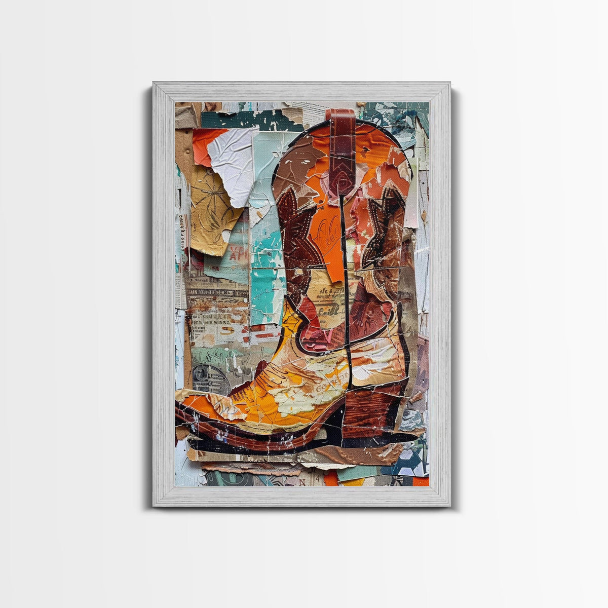 Rustic Cowboy Boot Collage on Distressed Background - Framed Canvas Print, Vintage Western Home Decor, Unique Cowboy Boot Wall Art