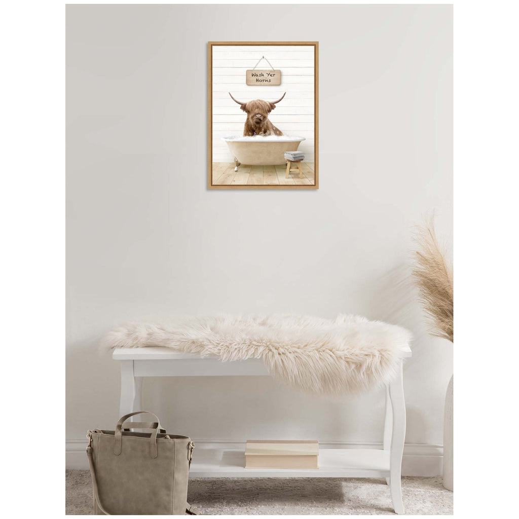 Sylvie Highland Cow in Modern Bathtub Wash Your Horns Framed Canvas by Amy Peterson