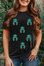 Black Western Turquoise Pattern Sequin Patched T Shirt