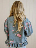 Women's Retro Floral Print Denim Jacket – Long Sleeve Collared Ruffled Hem Short Jacket