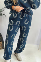 Brown Western Print Elastic Waist Pocket 2pcs Pant Set