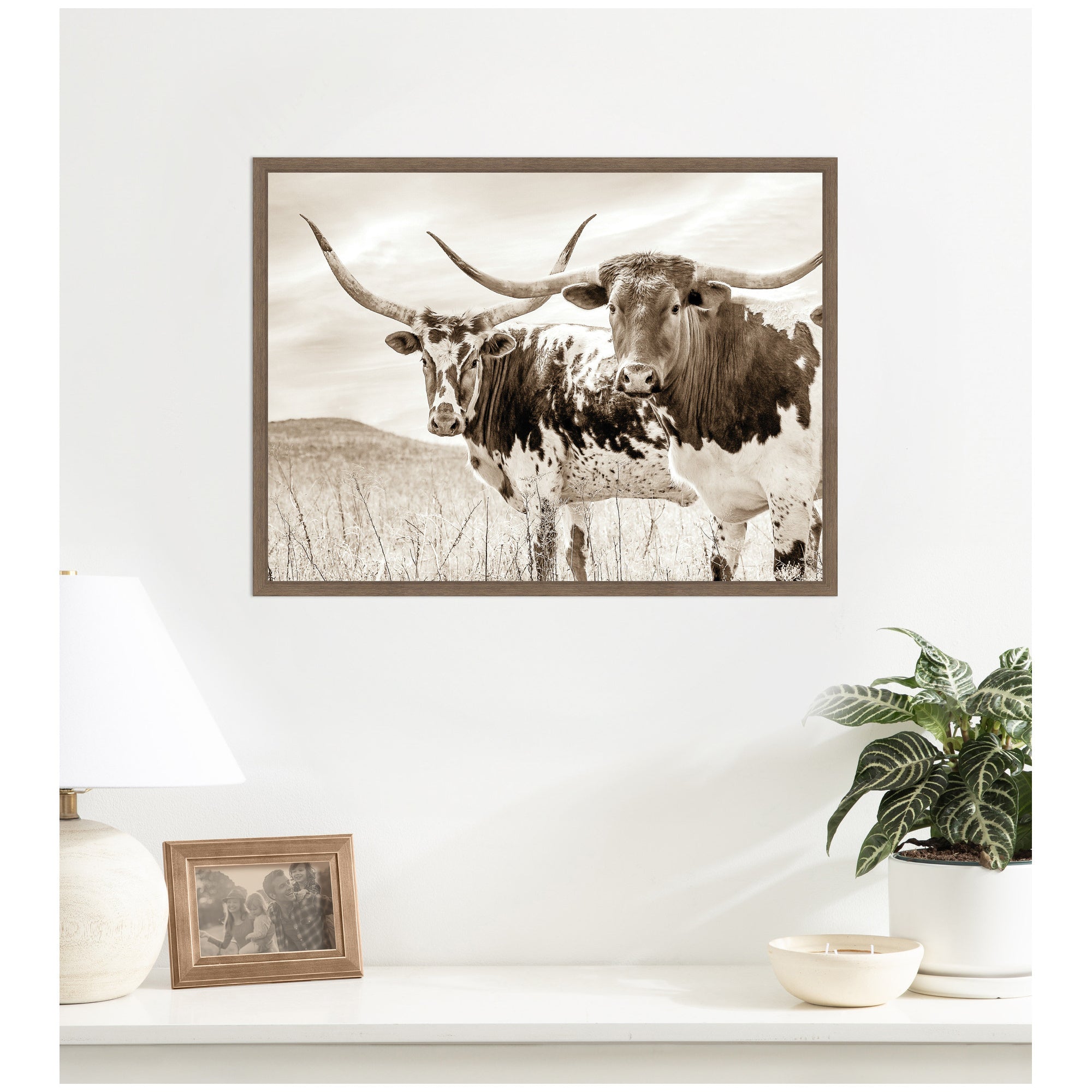 Sepia Texas Longhorn Cattle in Pasture by The Creative Bunch Studio Framed Canvas Wall Art Print