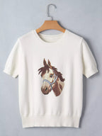 Wild West Horse Head Printed Short Sleeve Sweater