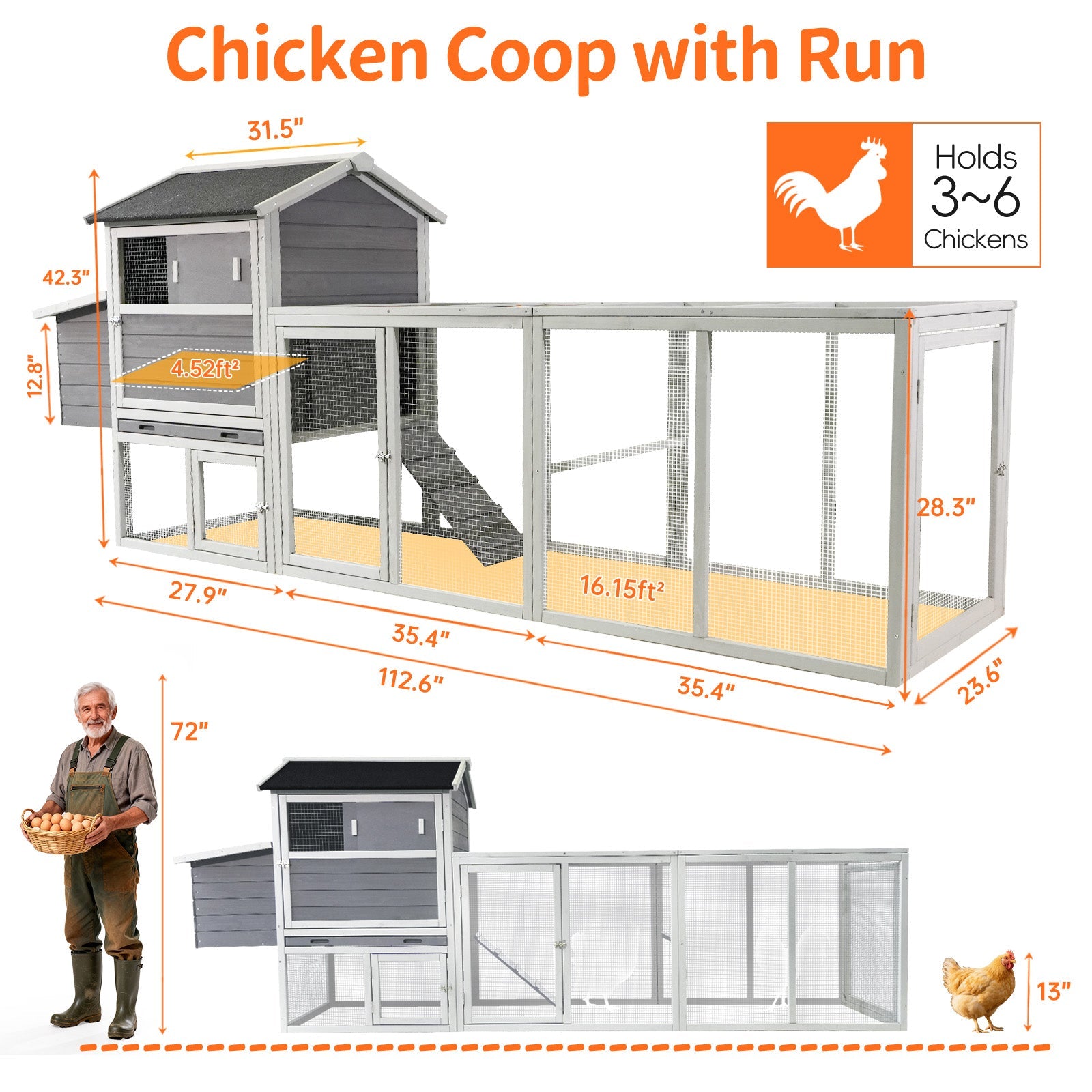 Gray Wooden Chicken Coop with Run and Nesting Box