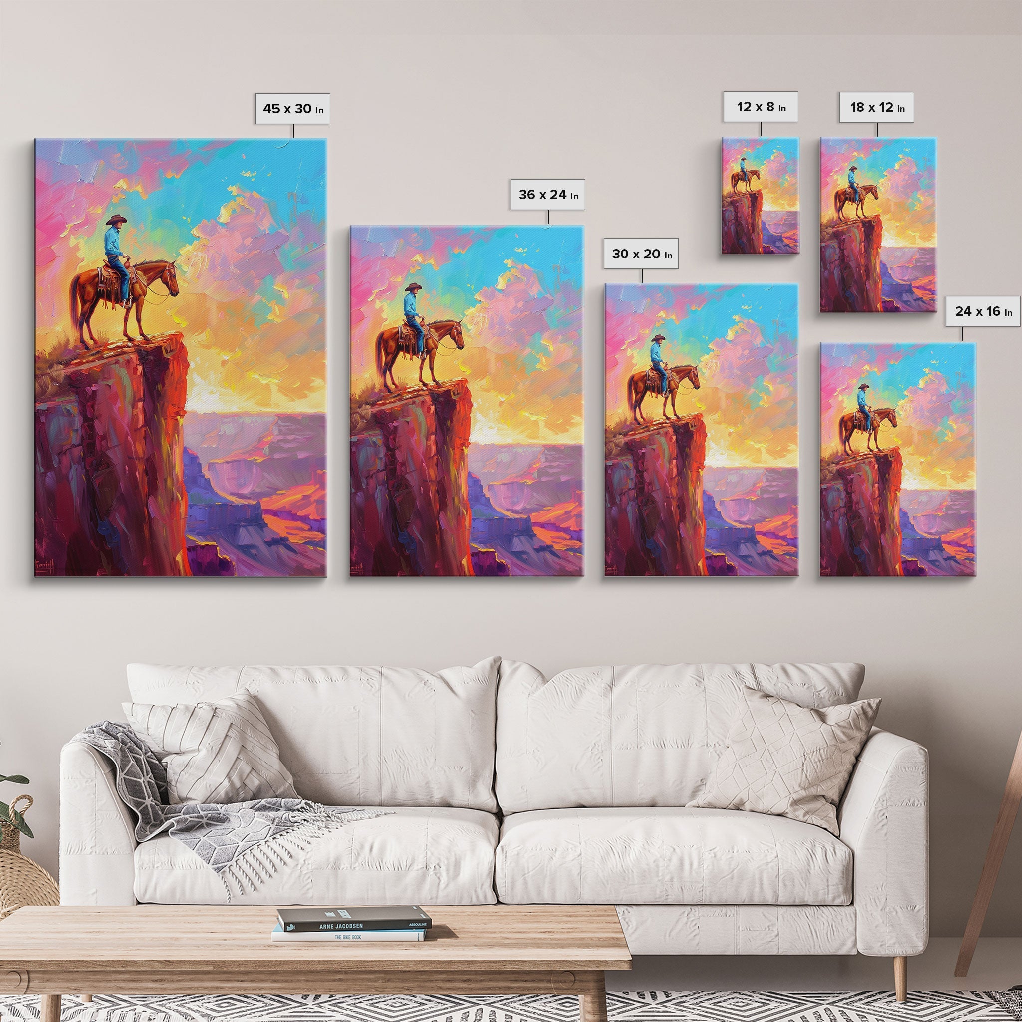 Cowboy on Horse at Sunrise - Colorful Western Landscape Painting, Sunrise Wall Art, Living Room Decor, Cowboy Canvas Print