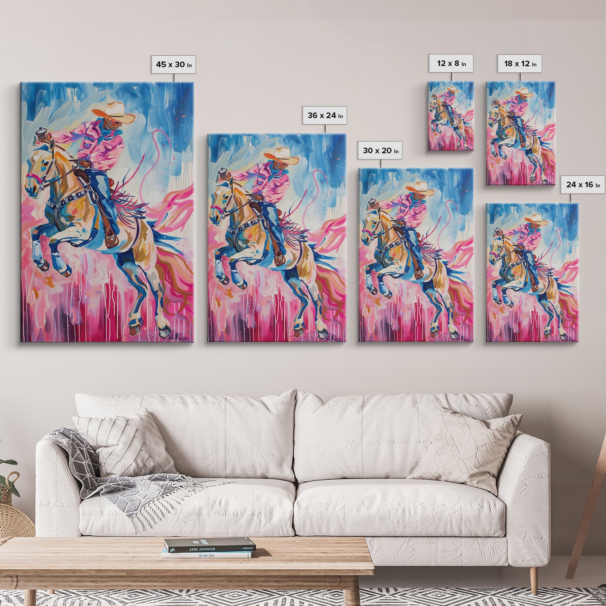 Dynamic Cowboy and Horse Painting - Colorful Western Art, Framed Canvas Print, Living Room Decor, Cowboy Riding Wall Art