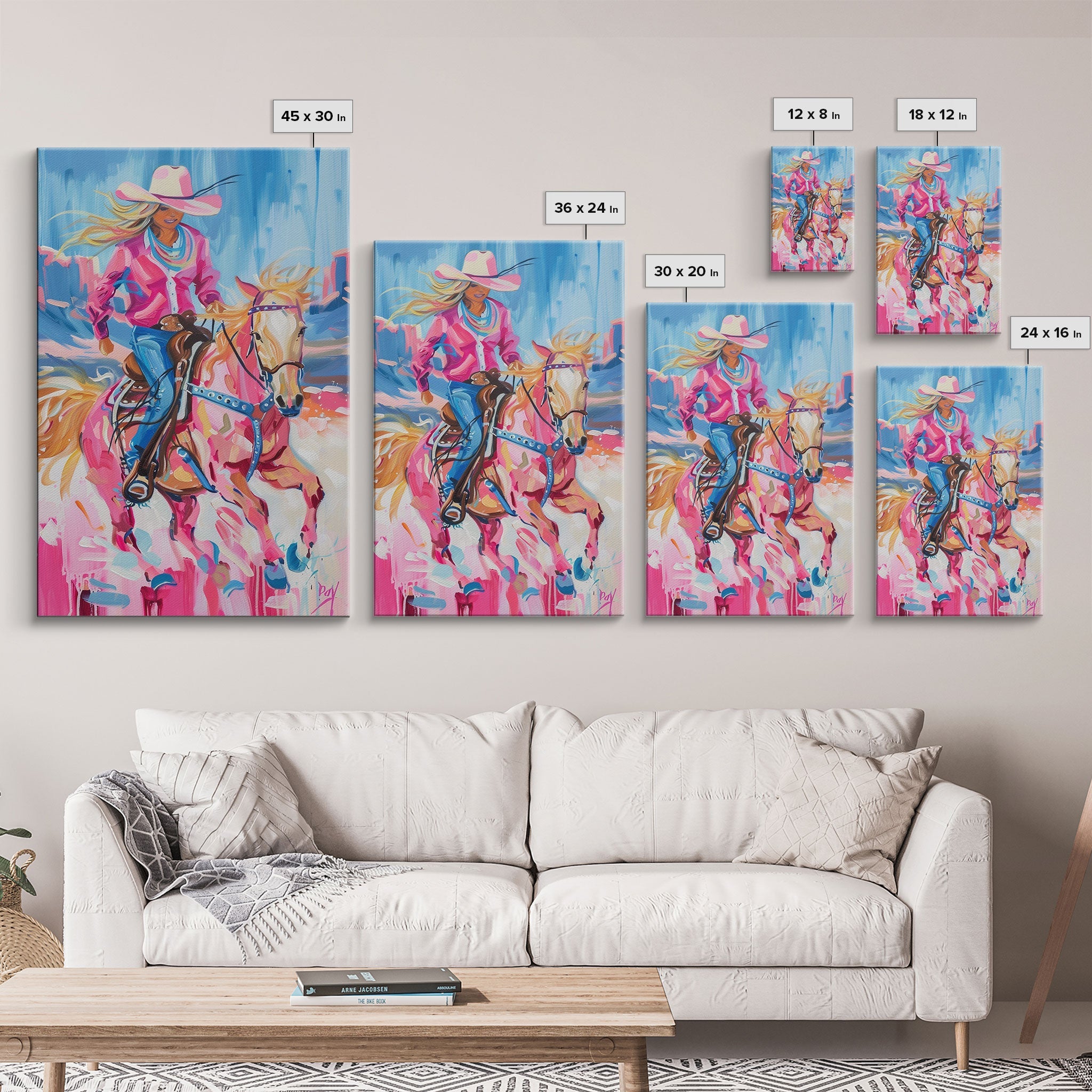 Dynamic Cowgirl and Horse - Colorful Western Art, Framed Canvas Print, Living Room Decor, Cowgirl Painting, Vibrant Wall Art