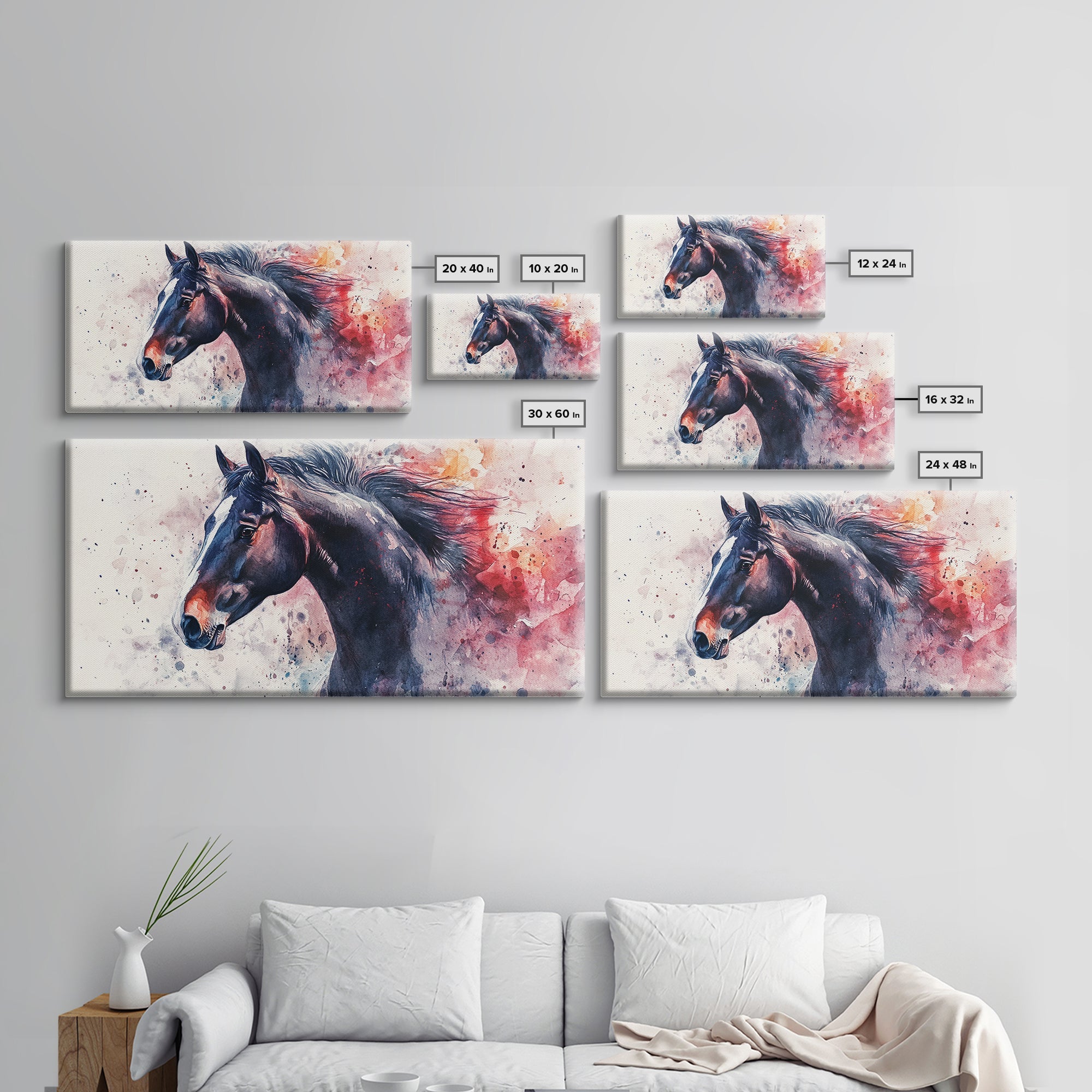 Watercolor Horse Canvas Print Rustic Animal Wall Art Vintage Style Farmhouse Decor Gift Idea Framed Artwork Bedroom Living Room Art