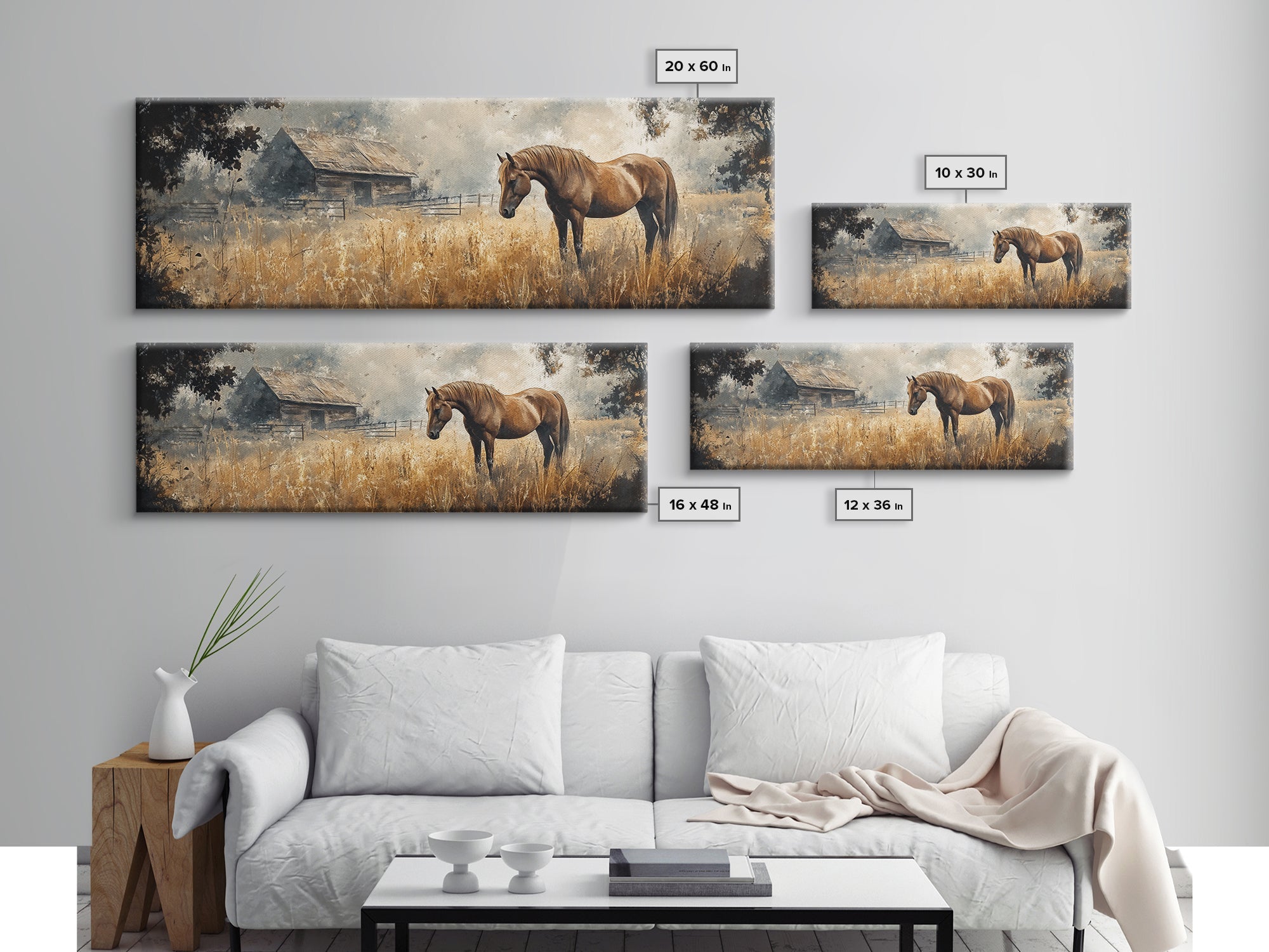 Framed Canvas Print Rustic Horse Art Vintage Farmhouse Decor Barn Landscape Oil Painting Above Couch Wall Art