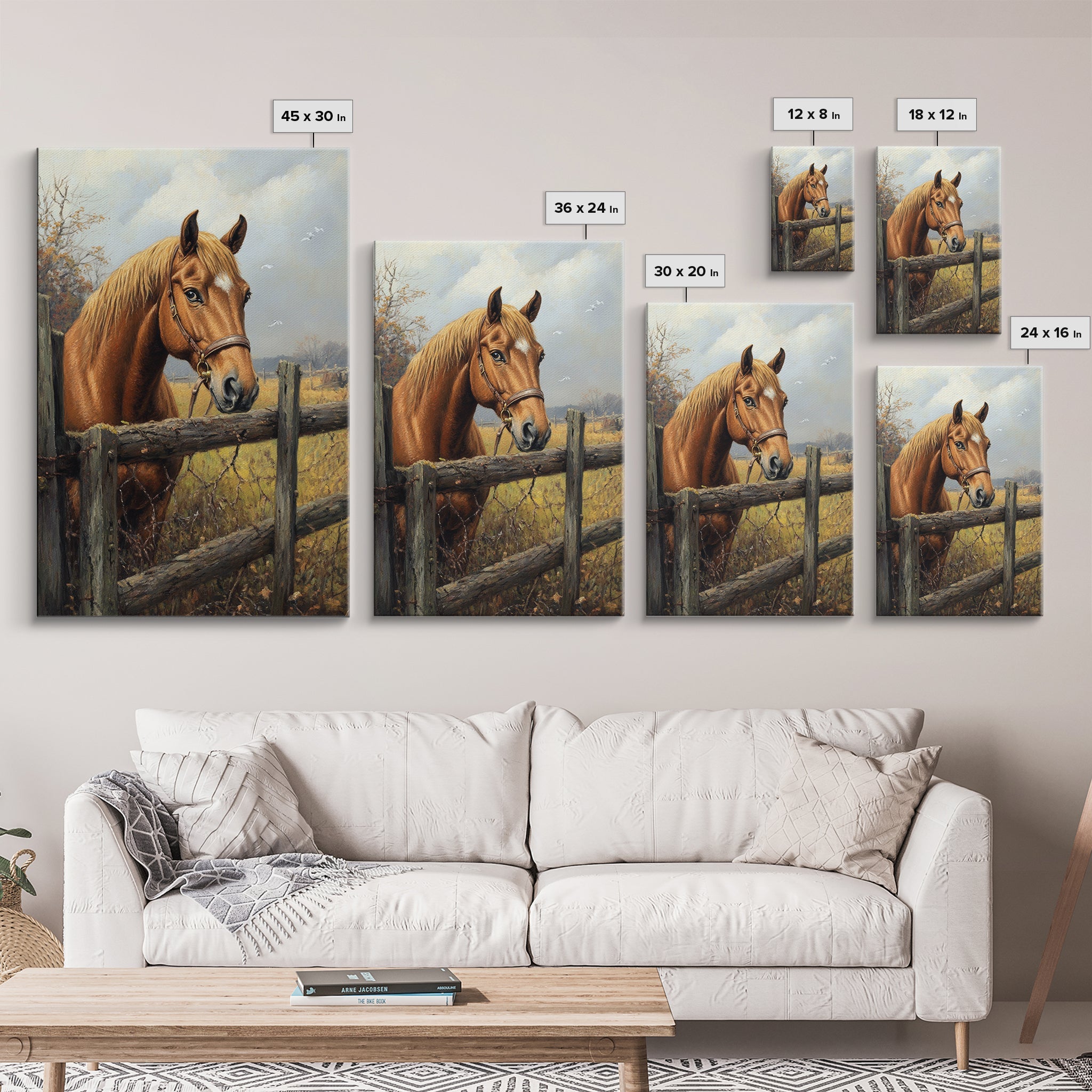 Farmhouse Horse Framed Canvas Print, Rustic Landscape Painting, Fall Bedroom Art, Gift Idea for Her, Cottagecore Wall Art