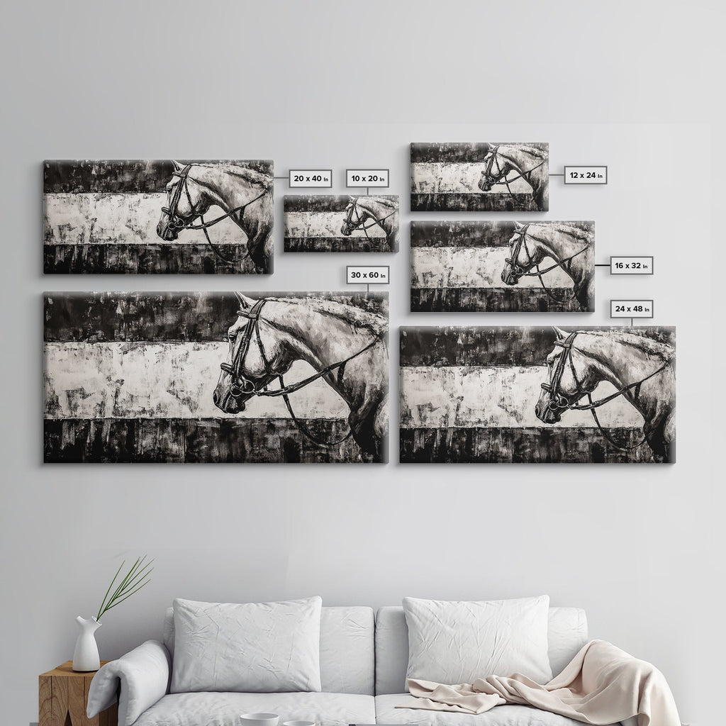 Monochrome Horse, Equestrian Wall Art, Canvas Print, Rustic Black and White Painting, Farmhouse Wall Decor, Western Wall Art