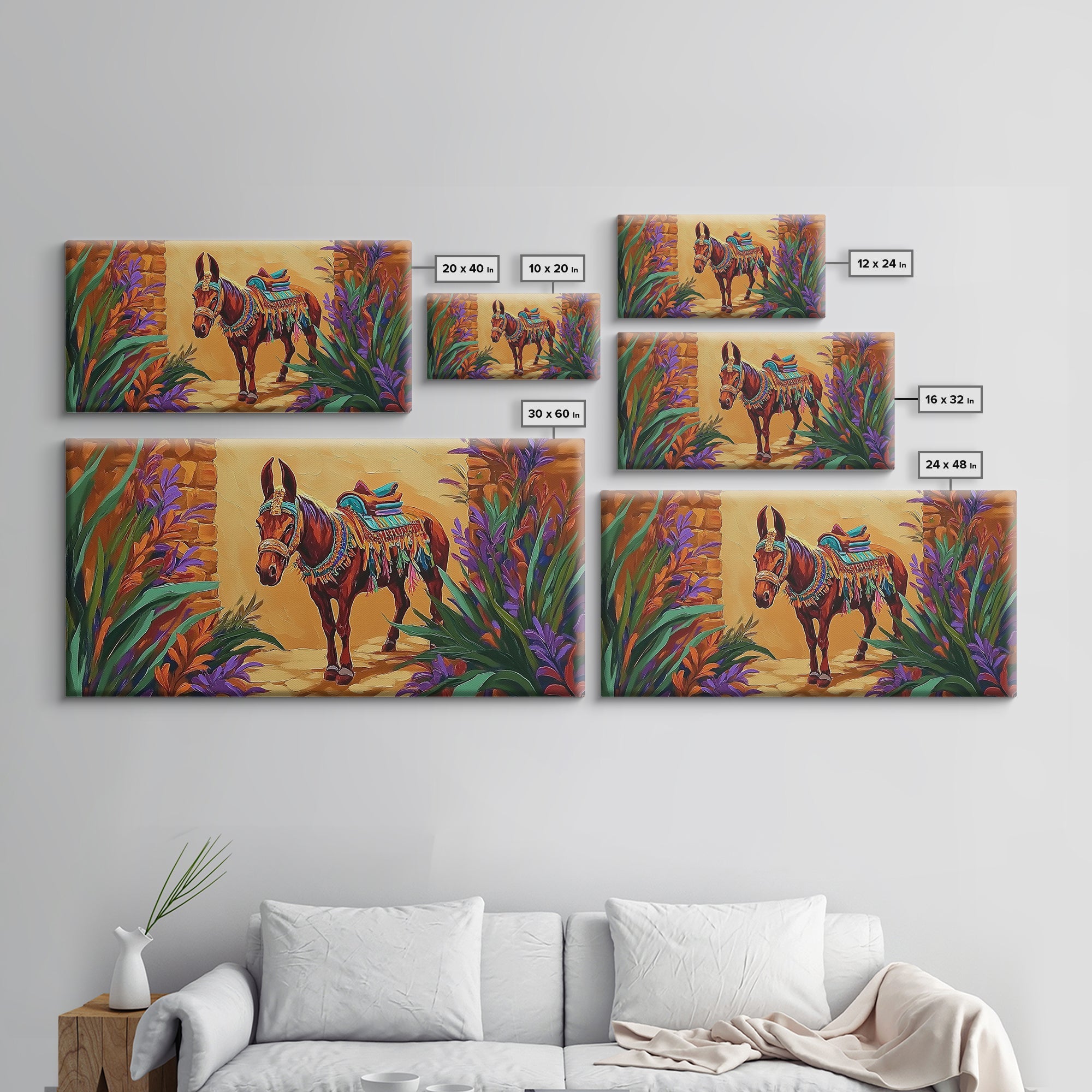 Fiesta Mule, Desert Horse, Rustic Charm, Framed Canvas Print, Western Wall Art, Entryway Decor, Colorful Southwest Painting