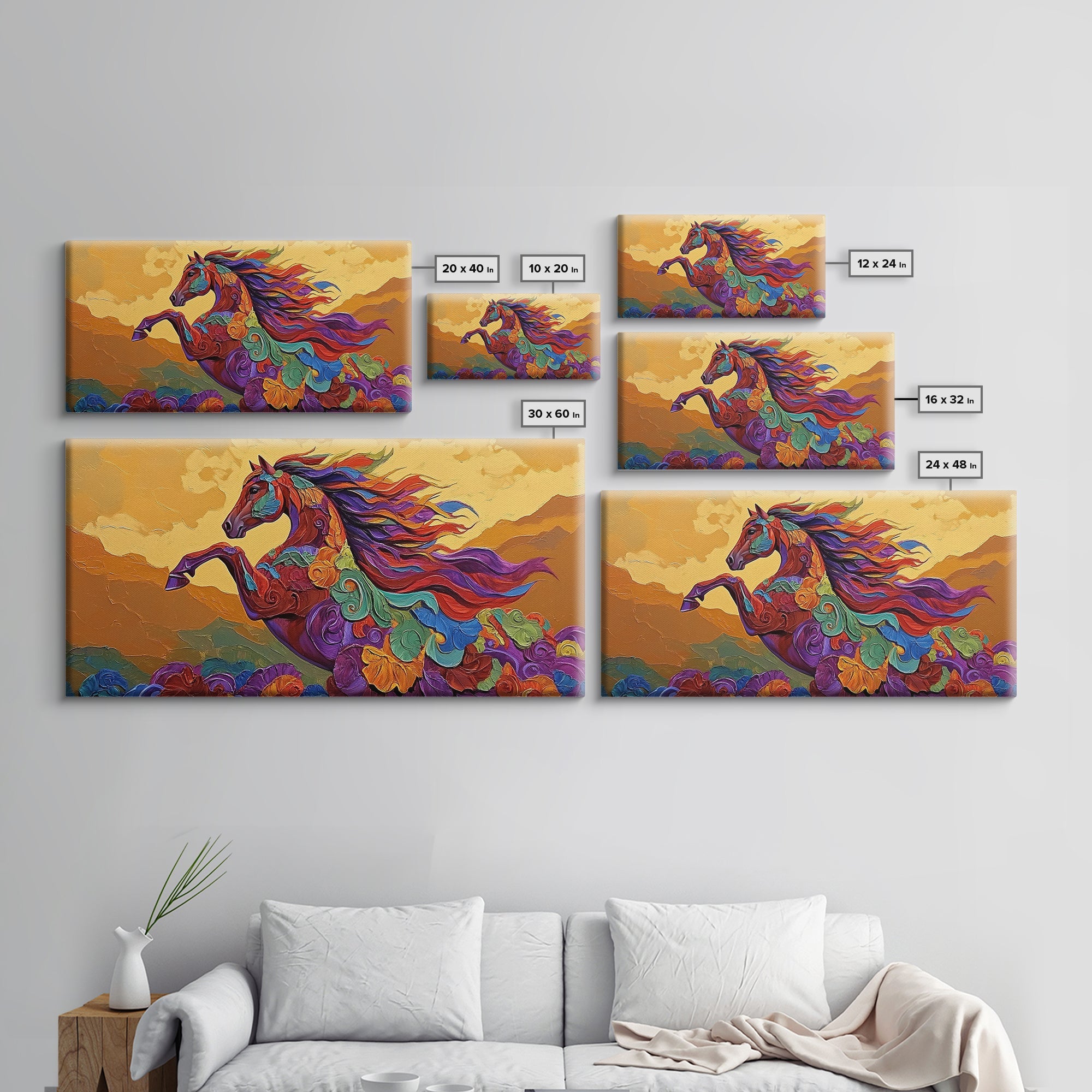 Horse Spirit, Sunset, Boho, Framed Canvas Print colorful western wall art, wild horse living room decor, boho equestrian nature artwork