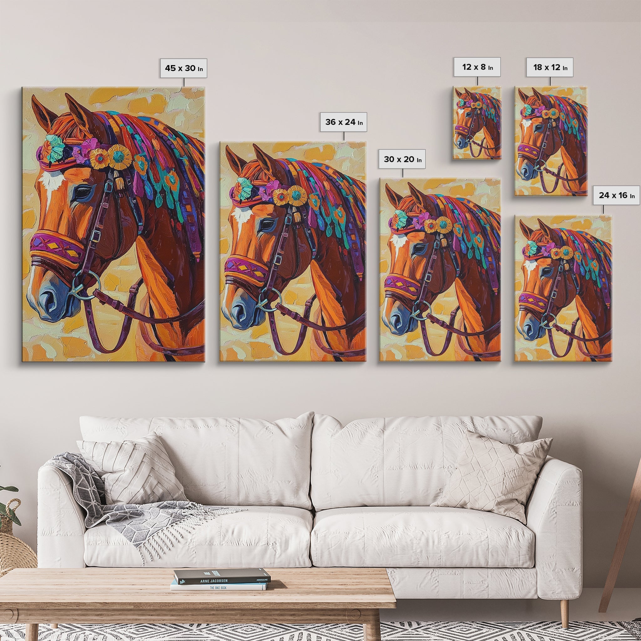 Horse Floral, Boho, Western, Framed Canvas Print colorful western horse painting, vibrant floral cowgirl decor, rustic farmhouse wall art