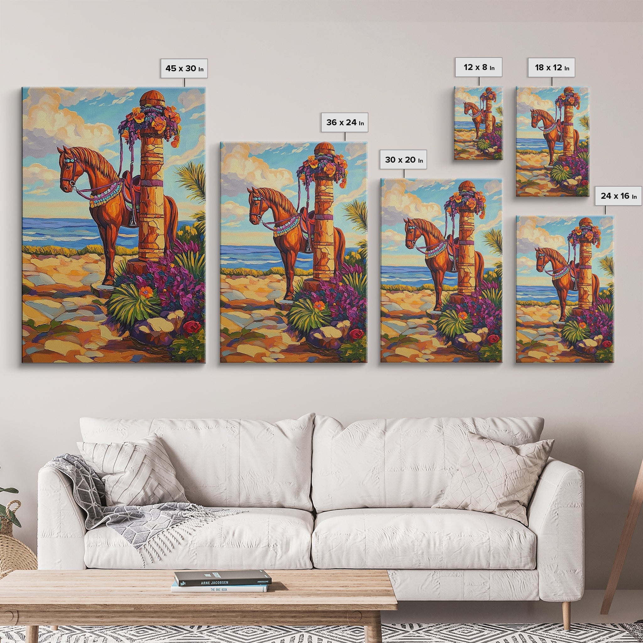 Horse Coast, Sky, Western, Framed Canvas Print scenic cowboy horse art, rustic western ocean view decor, farmhouse wall accent