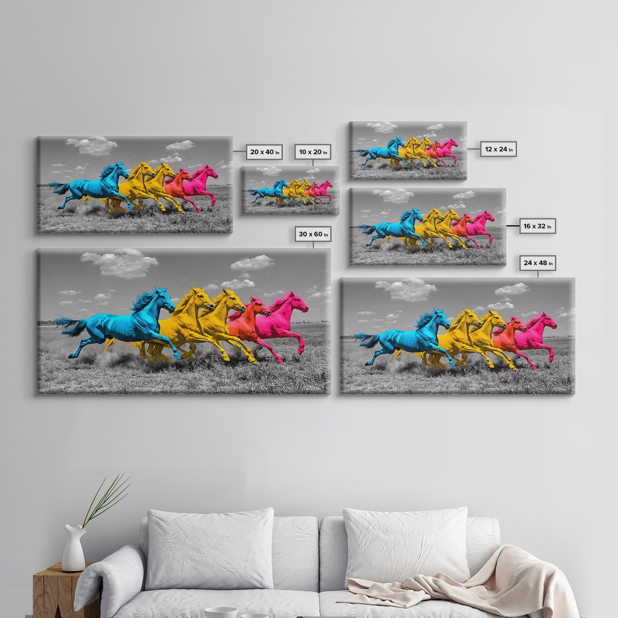 Wild Horses, Color Pop, Western Decor, Boho Style, Framed Canvas Print, Vibrant Horse Wall Art, Living Room Wall Decor, Equestrian Artwork