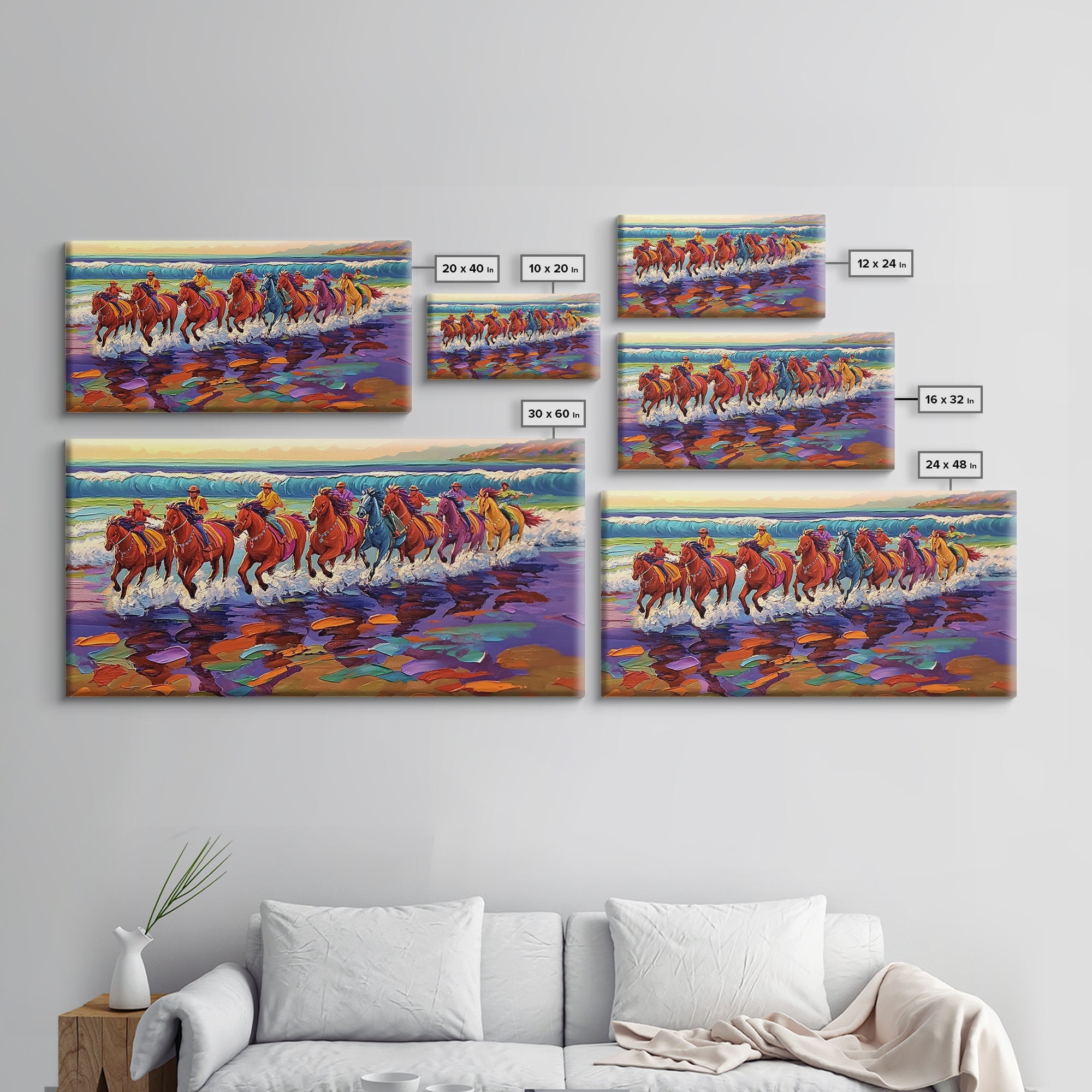 Galloping Horses, horse painting, vintage horse art, framed canvas print, coastal cowgirl wall art, whimsical art, rustic wall art