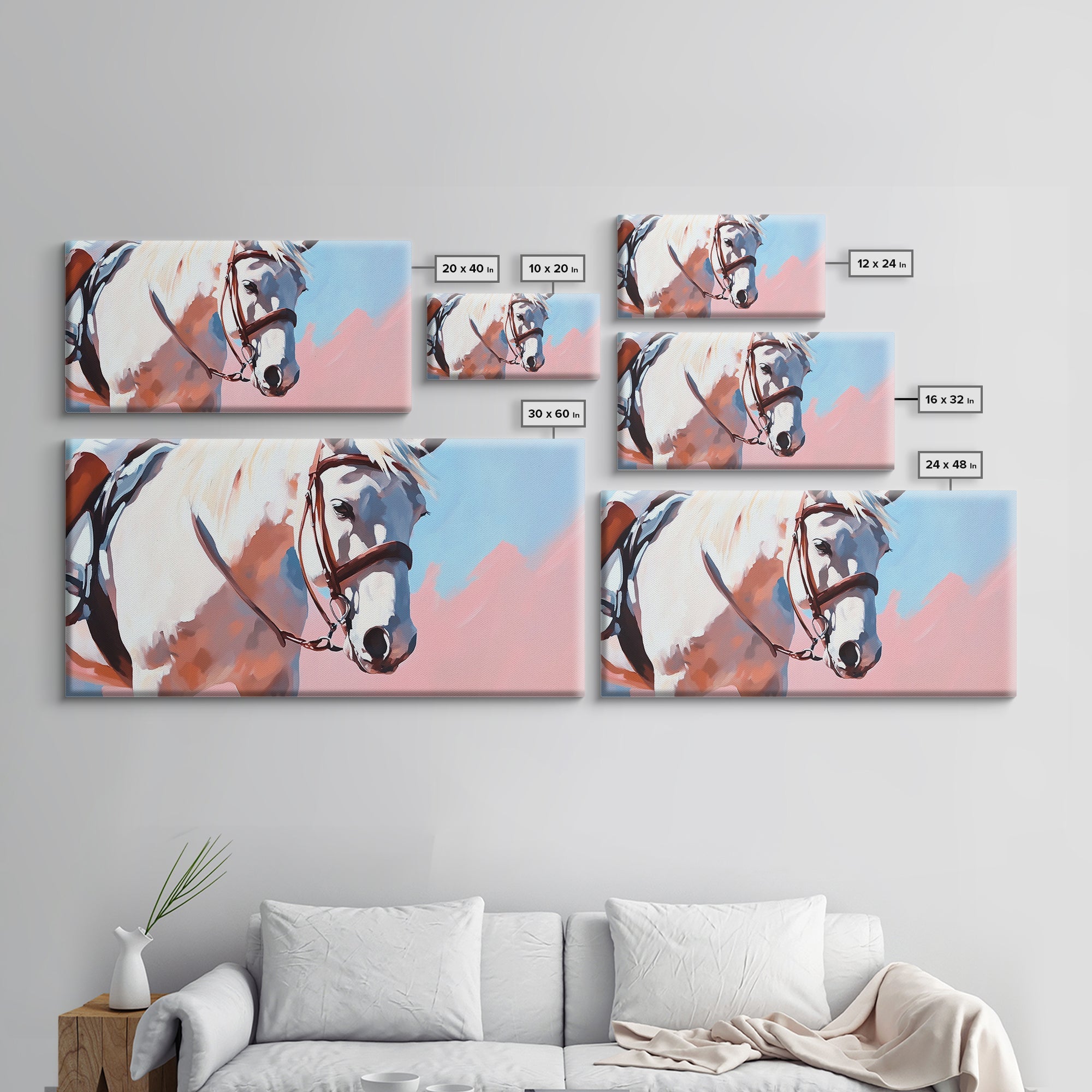 White Horse Art, Vintage Horse Painting, Pink and Blue Wall Art, Rustic Decor, Framed Canvas Print, Equestrian Gift, Farmhouse Art