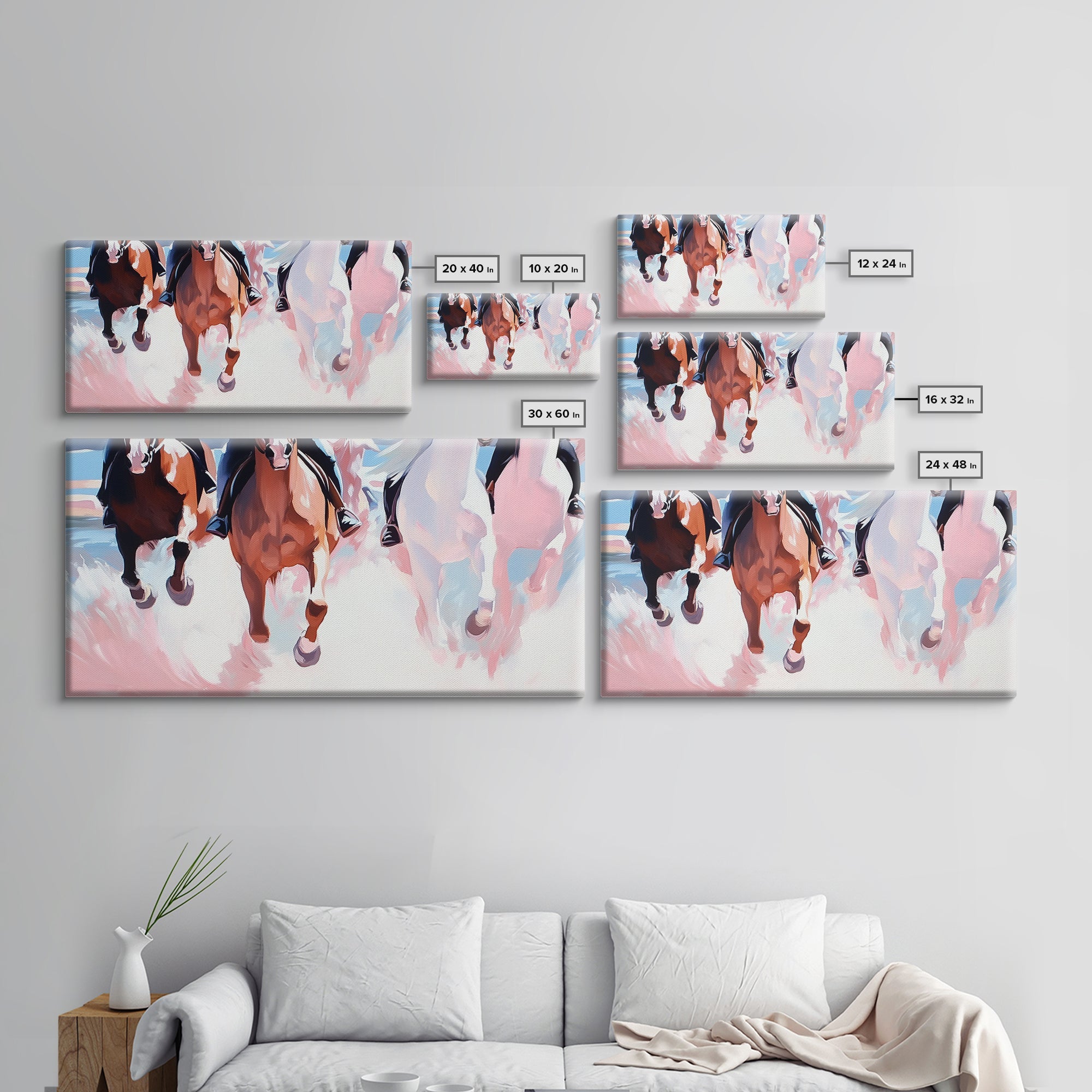 Wild Horses Running, horse wall art, rustic decor, extra wide art, panoramic painting, vintage horse art, framed canvas print