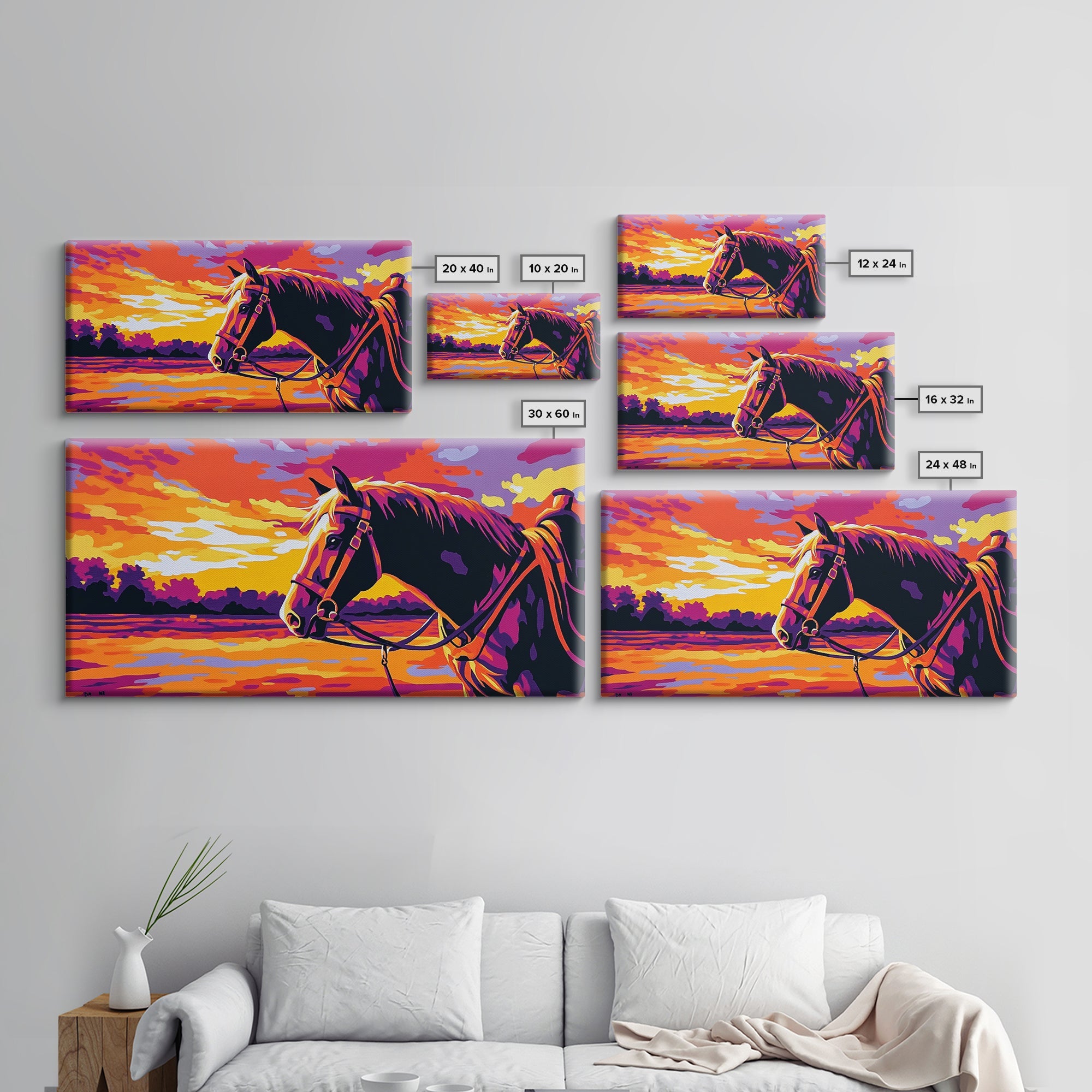 Horse Landscape, vintage horse art, sunset painting, rustic decor, western theme, panoramic painting, canvas print
