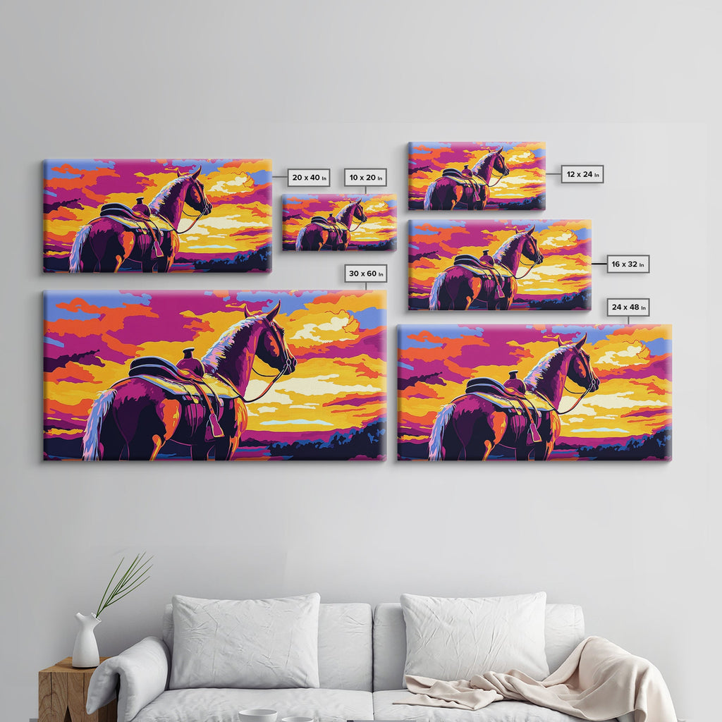 Saddled horse, sunset view, western ranch, cowboy aesthetic, rustic decor, farmhouse painting, moody art, canvas print