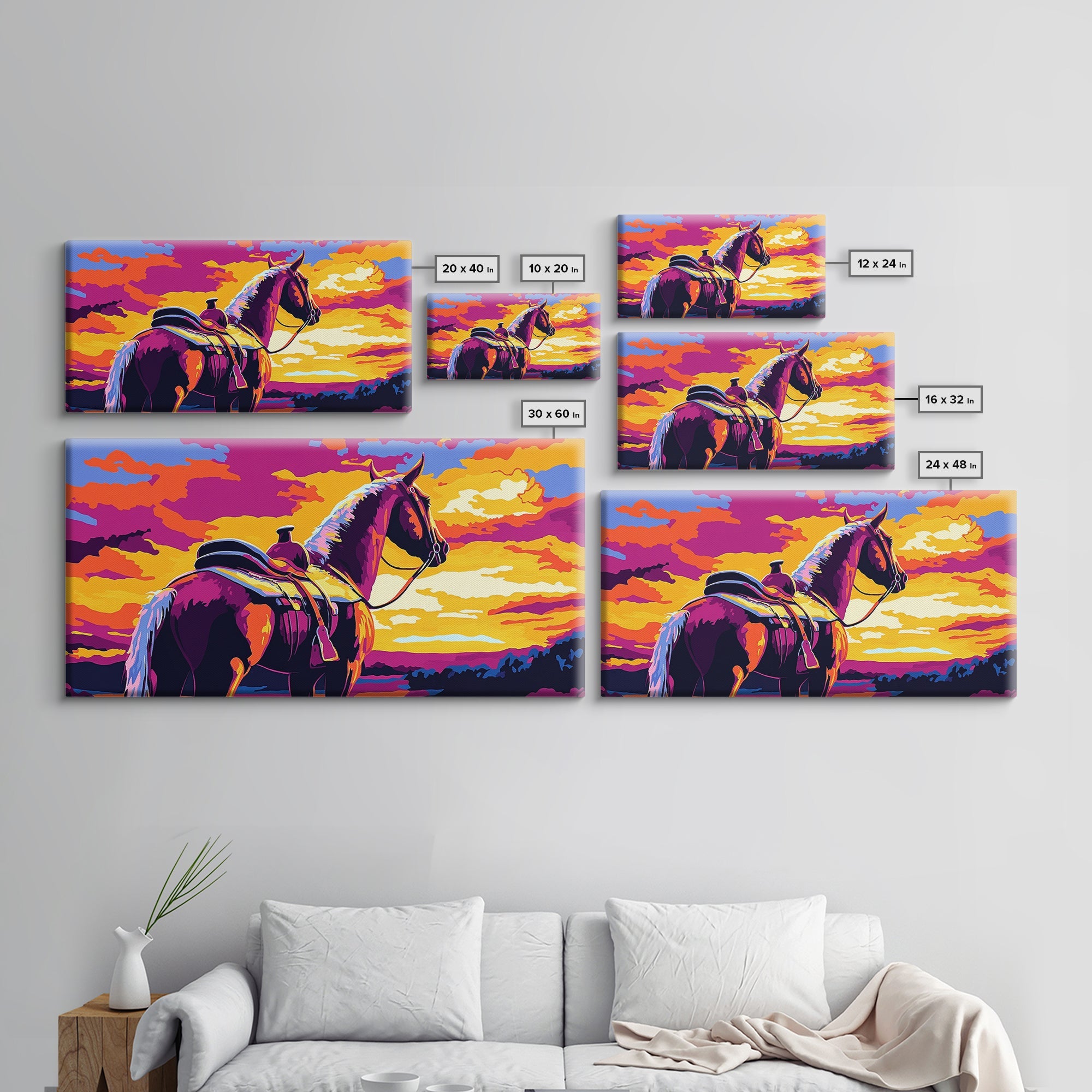 Saddled horse, sunset view, western ranch, cowboy aesthetic, rustic decor, farmhouse painting, moody art, canvas print