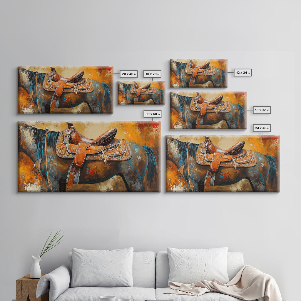 Western Saddle Art, Canvas Print, Rustic Decor, Moody Art, Southwest Wall Art, Extra Wide Art, Above Bed Wall Art, Farmhouse Wall Art